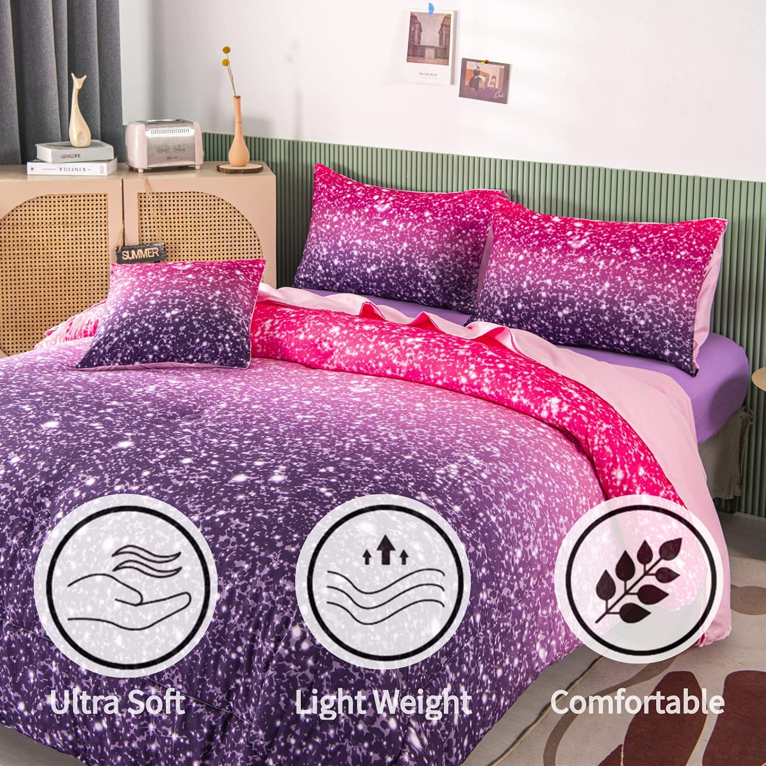 RYNGHIPY 6Pcs Glitter Comforter Set for Girls Kids Teens