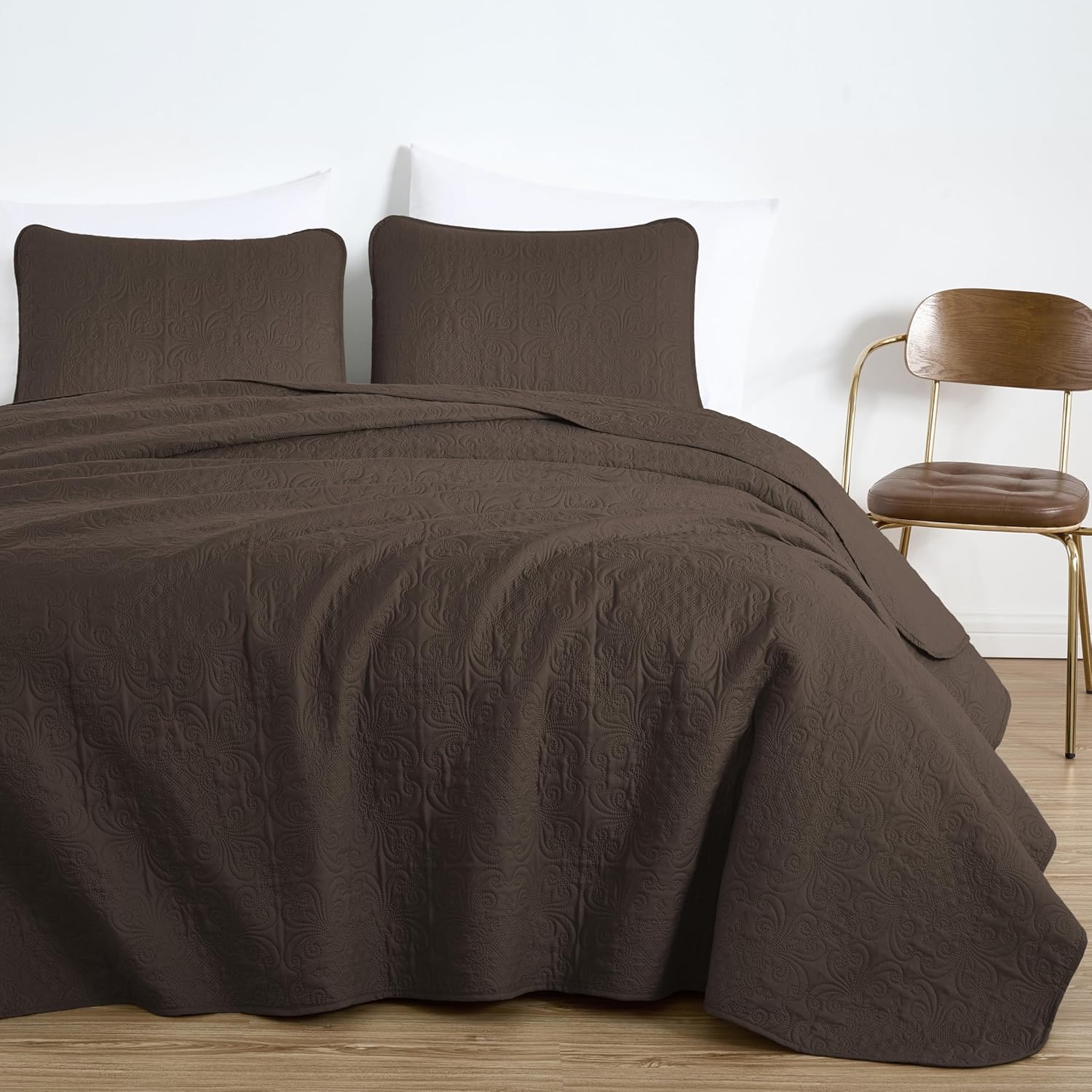 Chezmoi Luca 3-Piece Oversized Bedspread Set Queen Size Chocolate