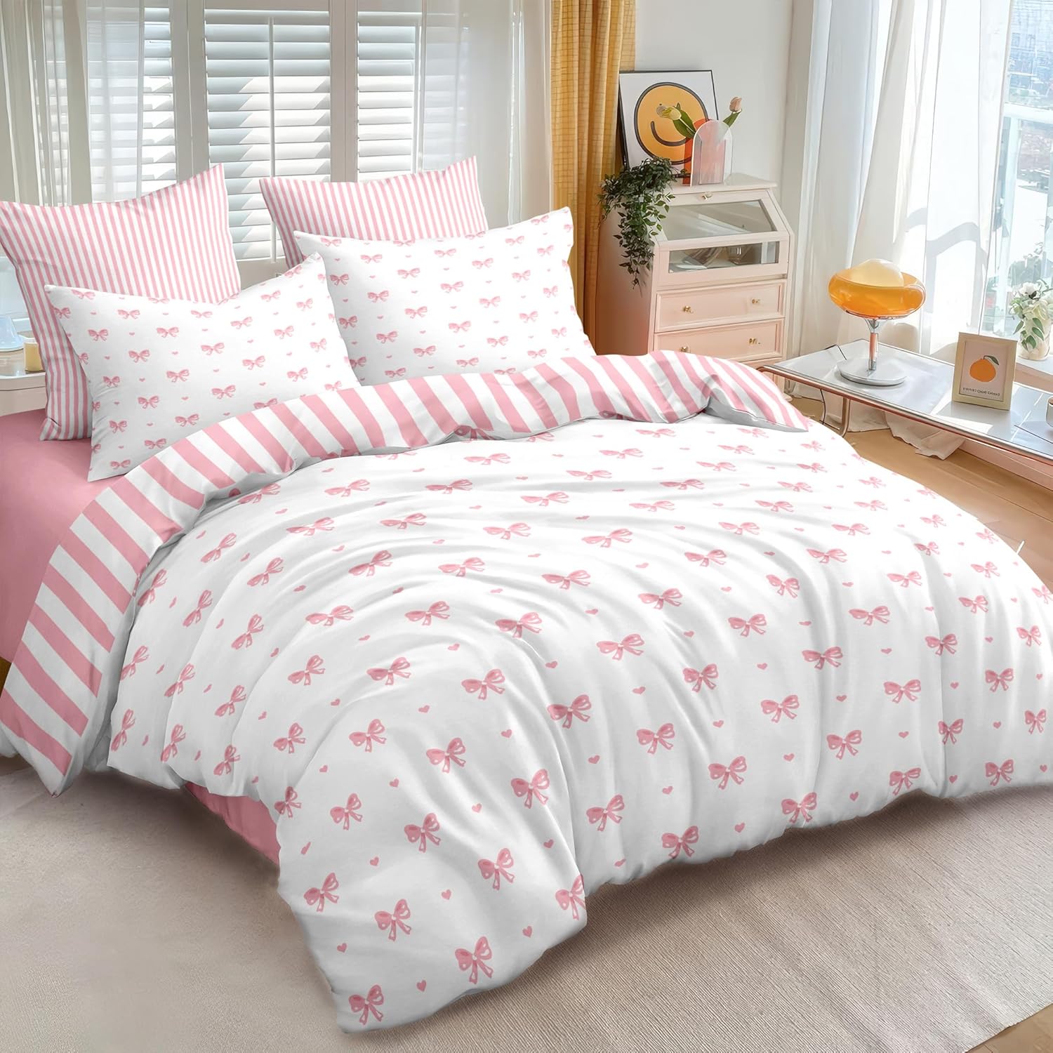 Sedefen Bow Comforter Set Queen Size Pink Striped