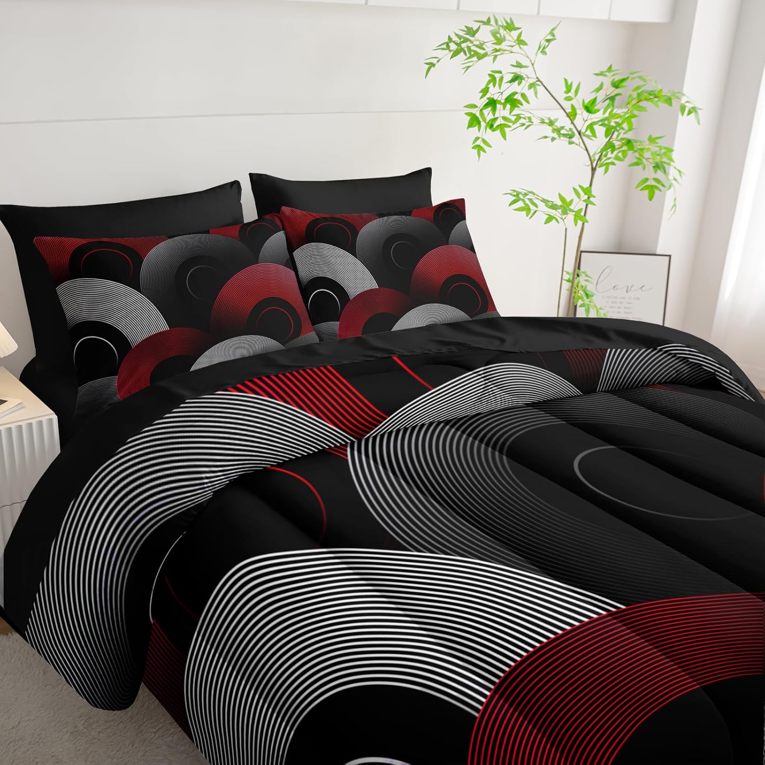 7 Piece Black and Red King Comforter Set with Geometric Pattern
