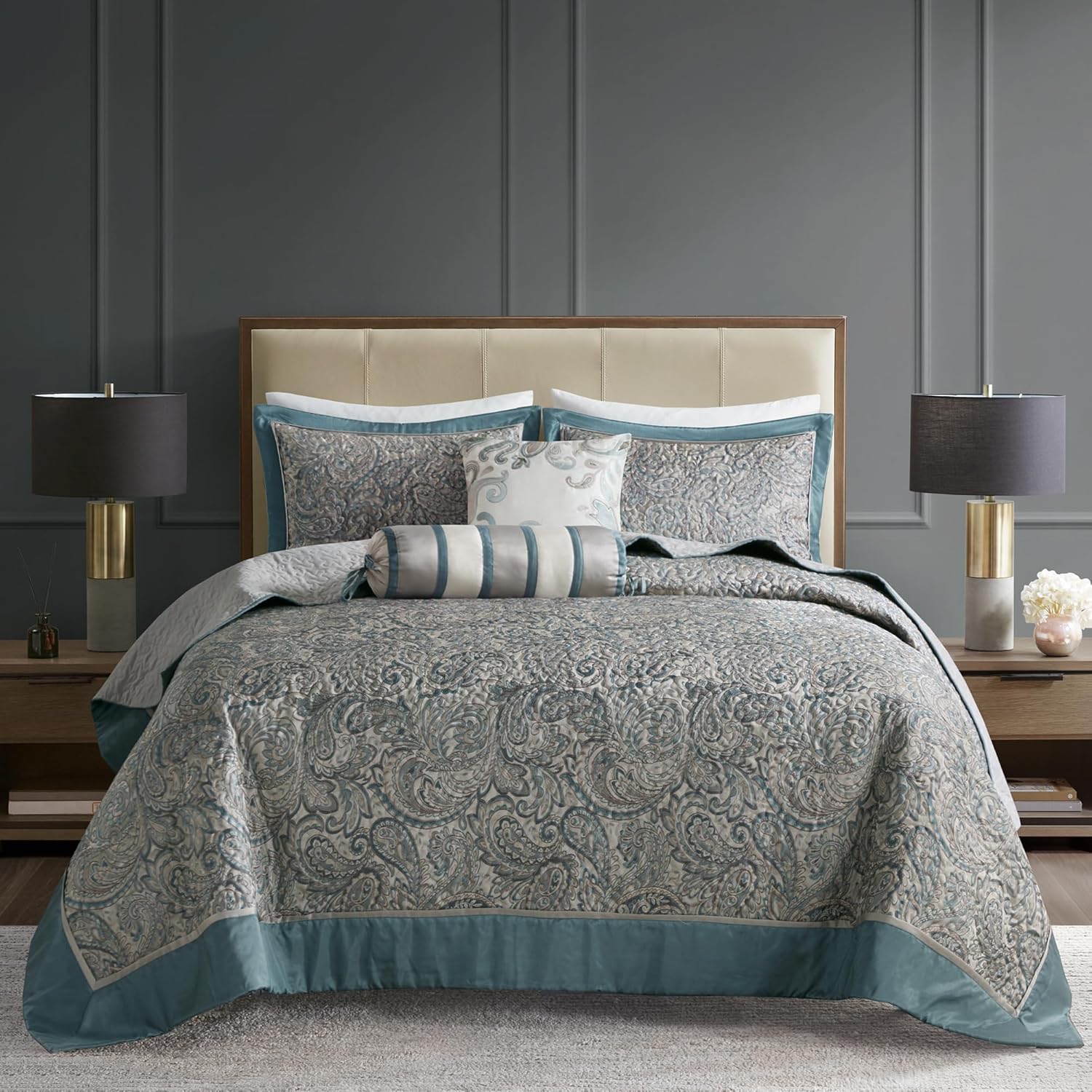 Madison Park Aubrey Reversible Quilted Bedspread Set Teal 5 Piece