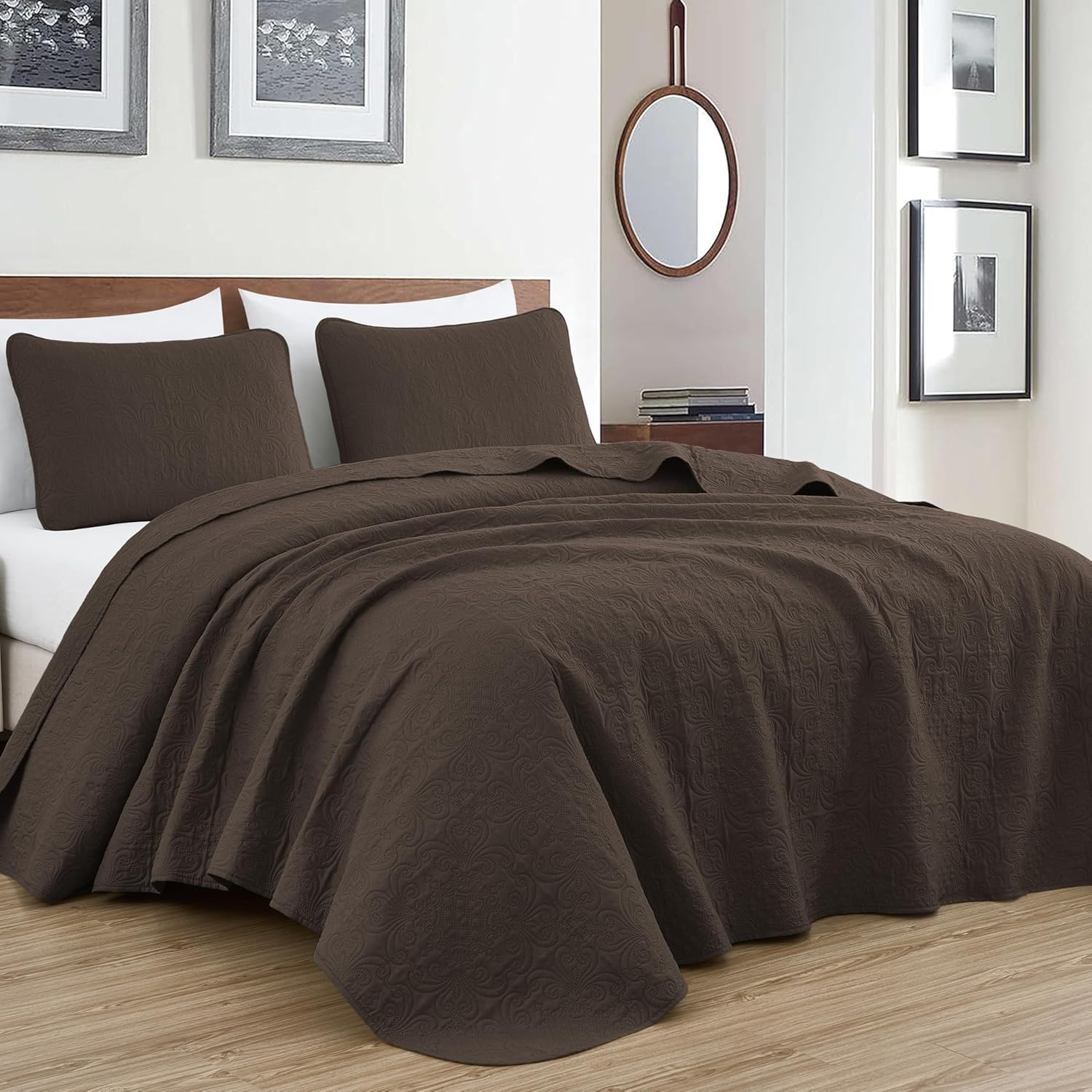 Chezmoi Luca 3-Piece Oversized Bedspread Set Queen Size Chocolate