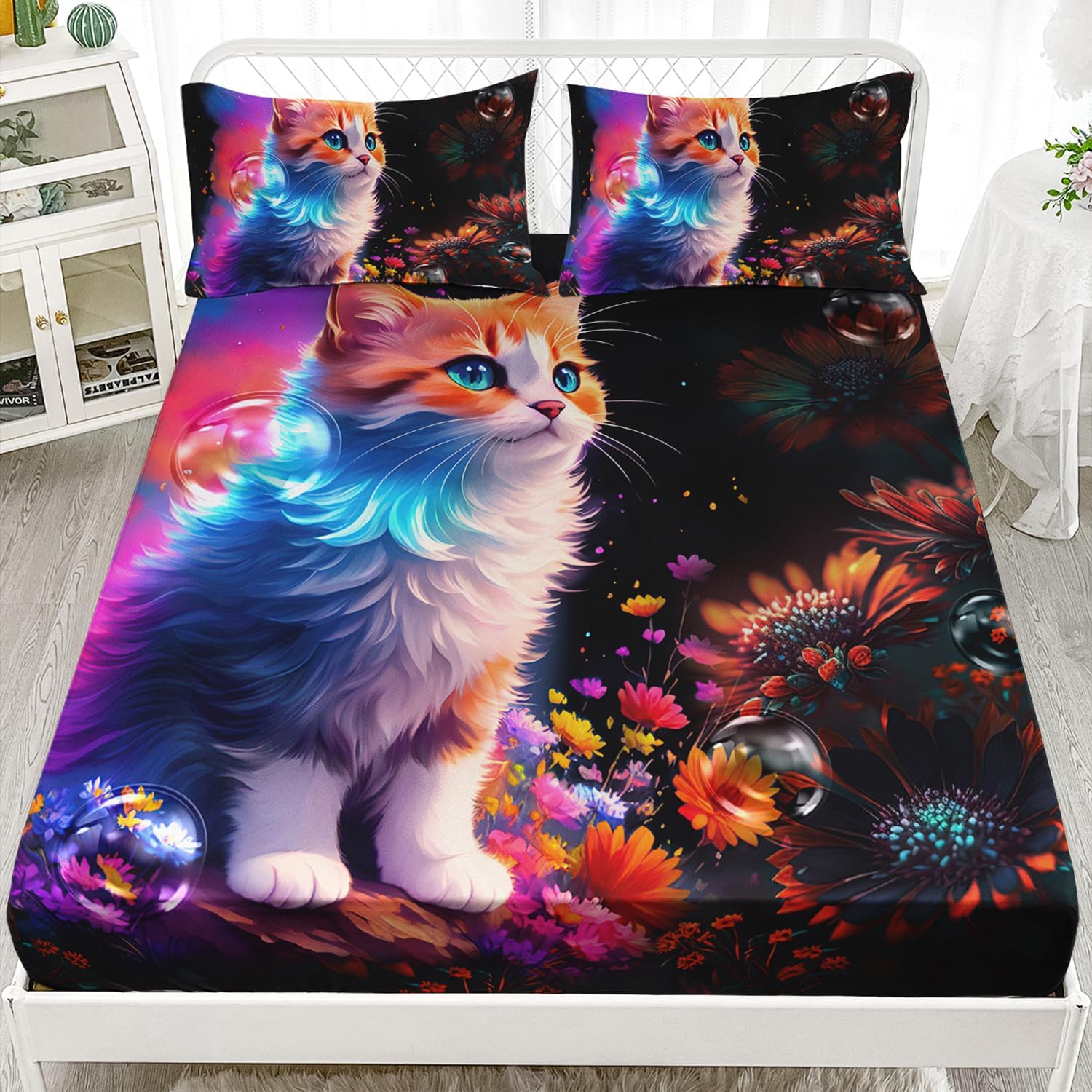 Cute Kawaii Cat Fitted Sheet Set 3Pcs