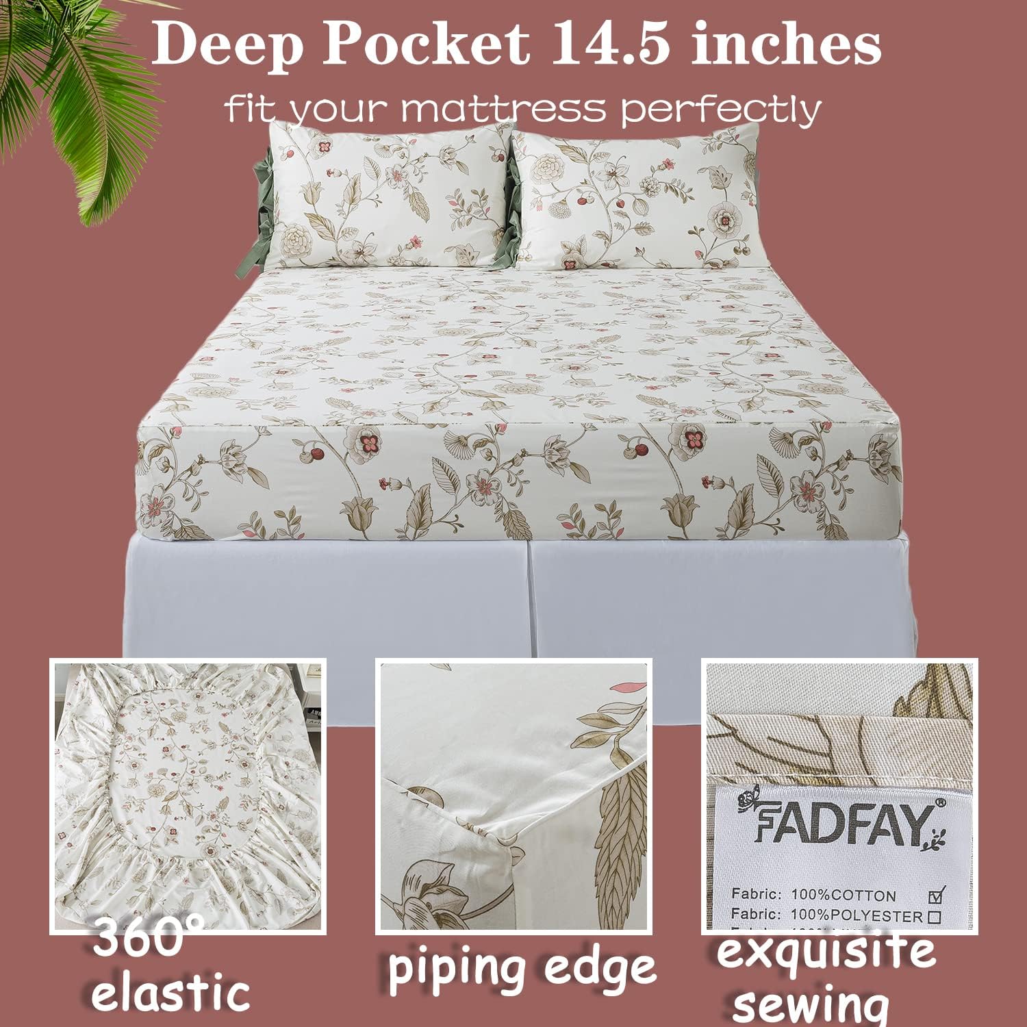 FADFAY Floral Twin XL Sheets 4Pcs Set