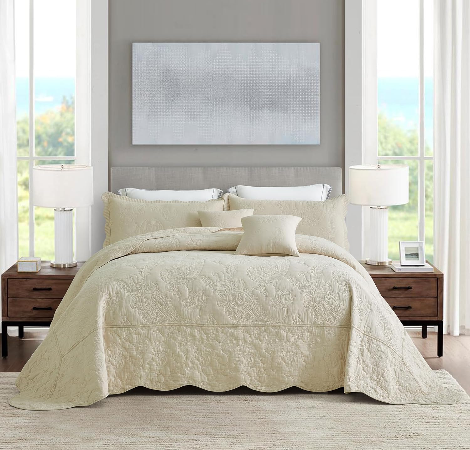 Blythease Oversized King Bedspread Set 138x122 Khaki Paisley Pattern