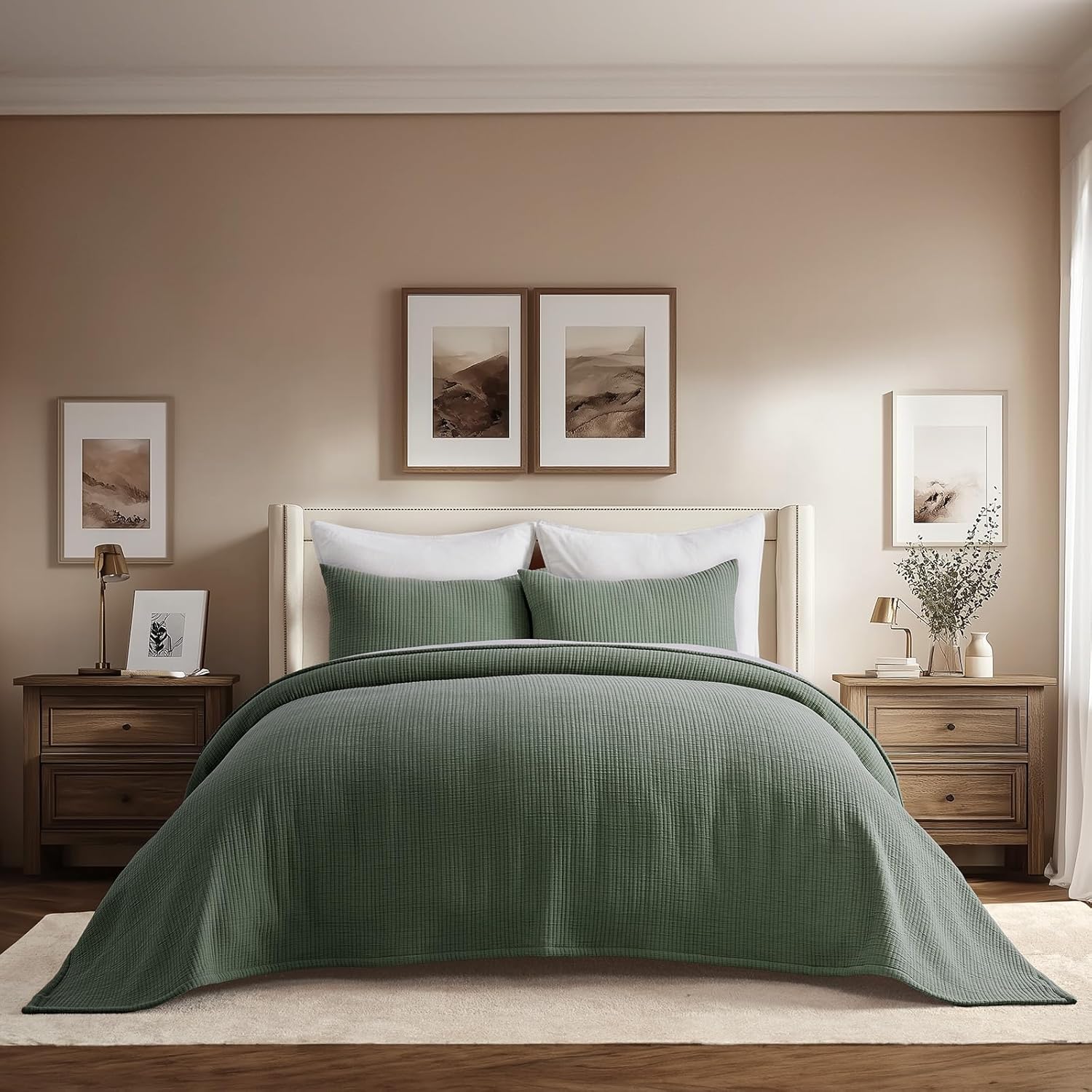 Evergracehome Cotton Gauze Queen Bedspread Set with 2 Shams Olive Green