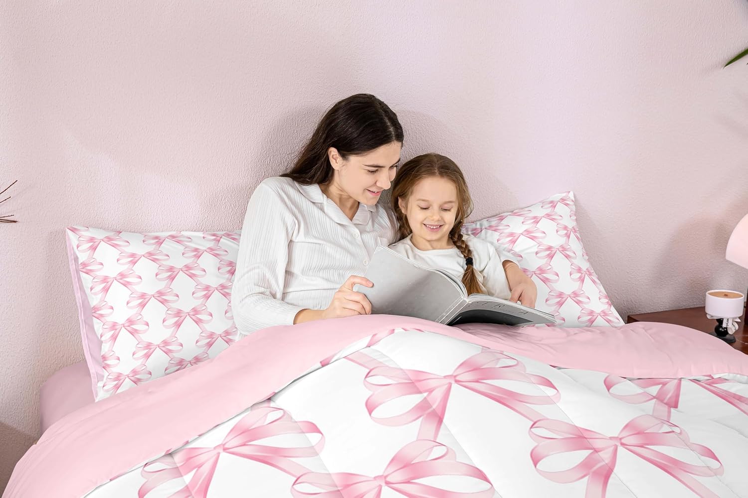 Feelyou 7-Piece Pink Bow Comforter Set for Girls