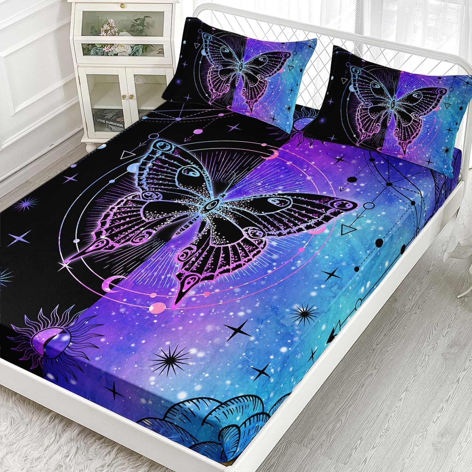Black Blue Butterfly Sheets Set 4Pcs Kids