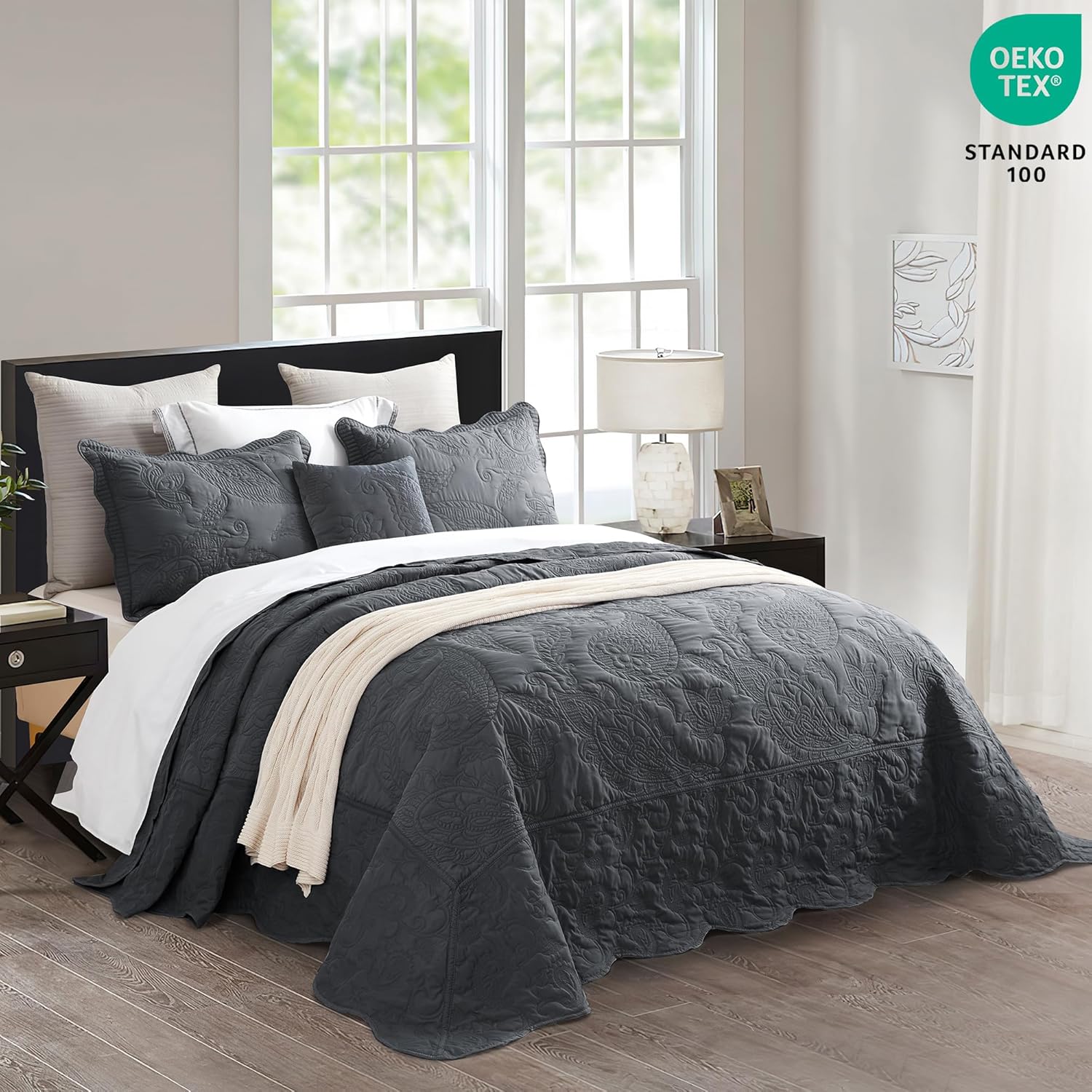 HZ HY Oversized King Bedspread Set 128x120 Reversible Dark Grey