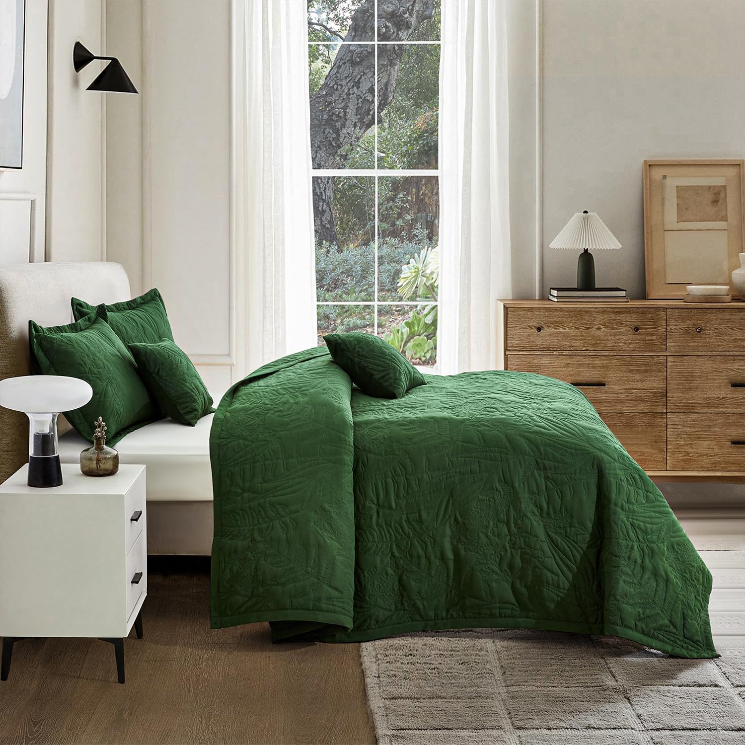HZ HY Botanical Queen Bedspread Set Leaves Pattern Reversible 5 Piece Olive Green