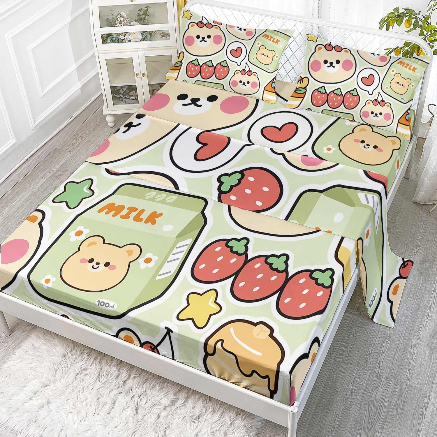 Smell Sunshine Cartoon Strawberry Bear 4Pcs Kids Bedding Set