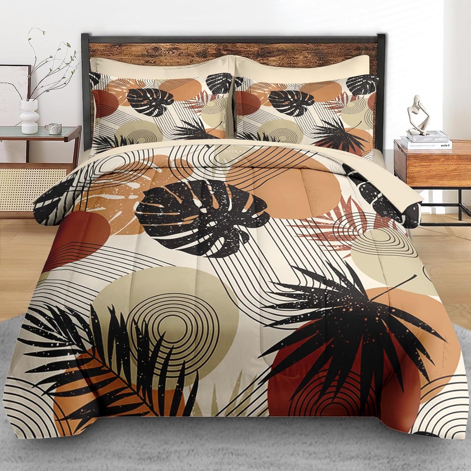 Pamnest Boho Tropical Leaves Comforter Set King Size 7 Pcs