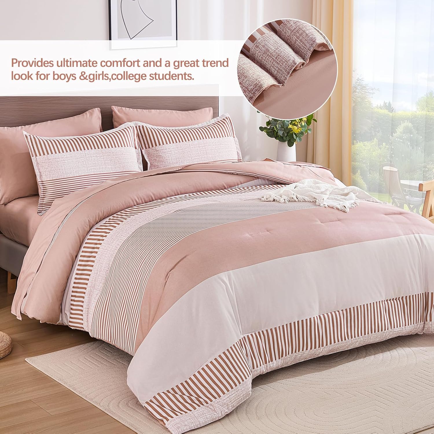 Pink Comforter Set Queen Size Striped Bedding