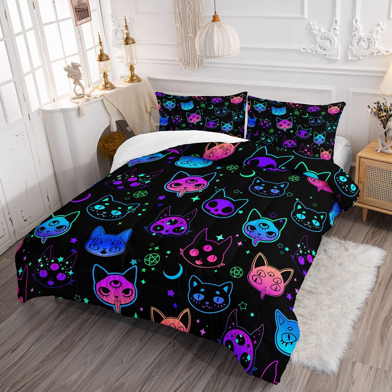 Axolotl Cat Comforter Set Twin Neon Pattern
