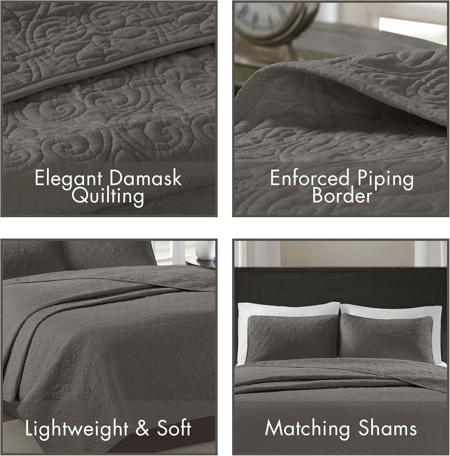 Madison Park Quebec Reversible Bedspread Set Queen 102x118 Dark Grey