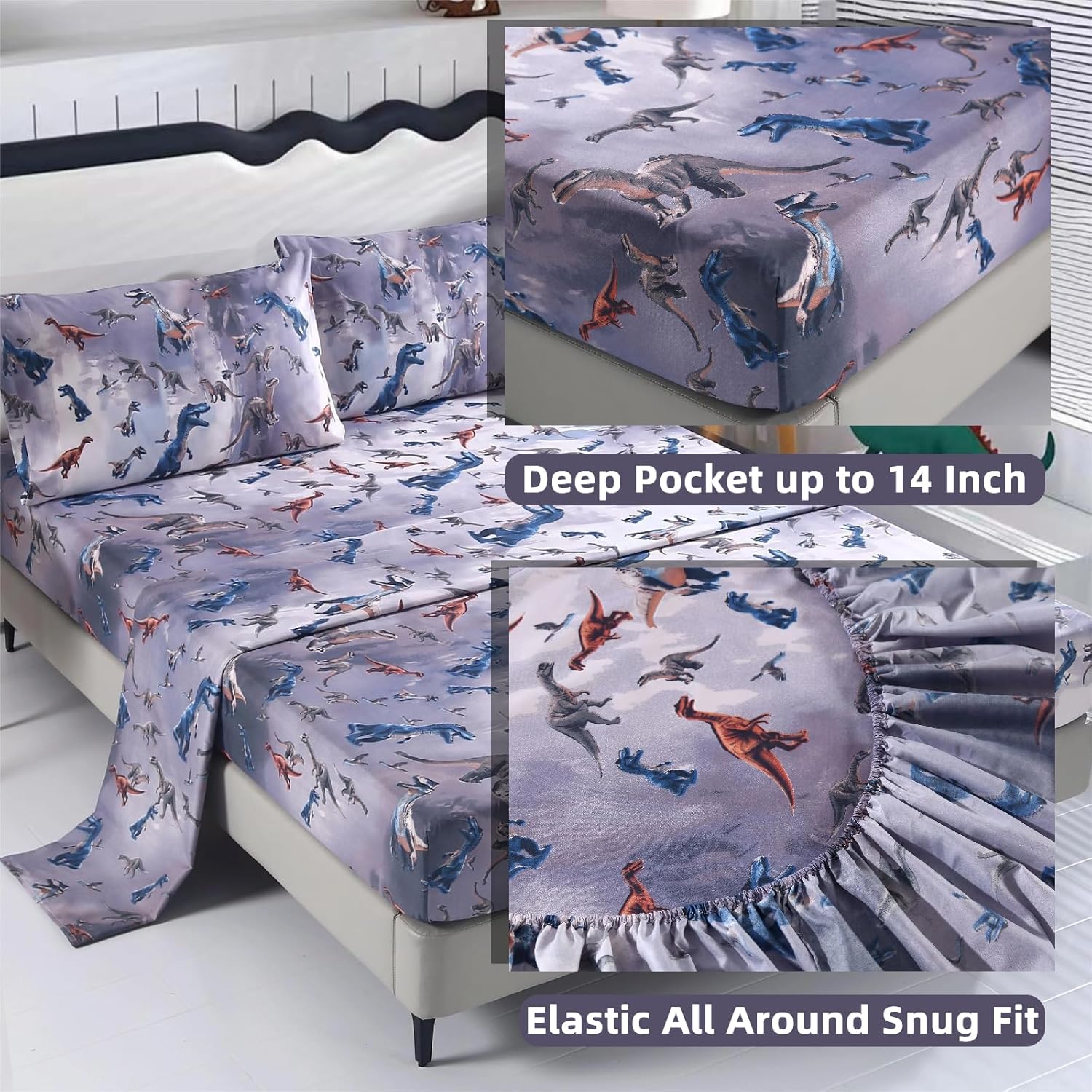 SDIII 4PCS Dinosaur Queen Sheet Set Soft Microfiber Dino Bedding for Kids