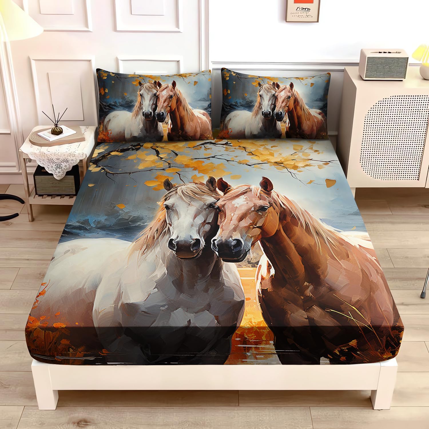 White Brown Horses Fitted Sheet Queen Size Set