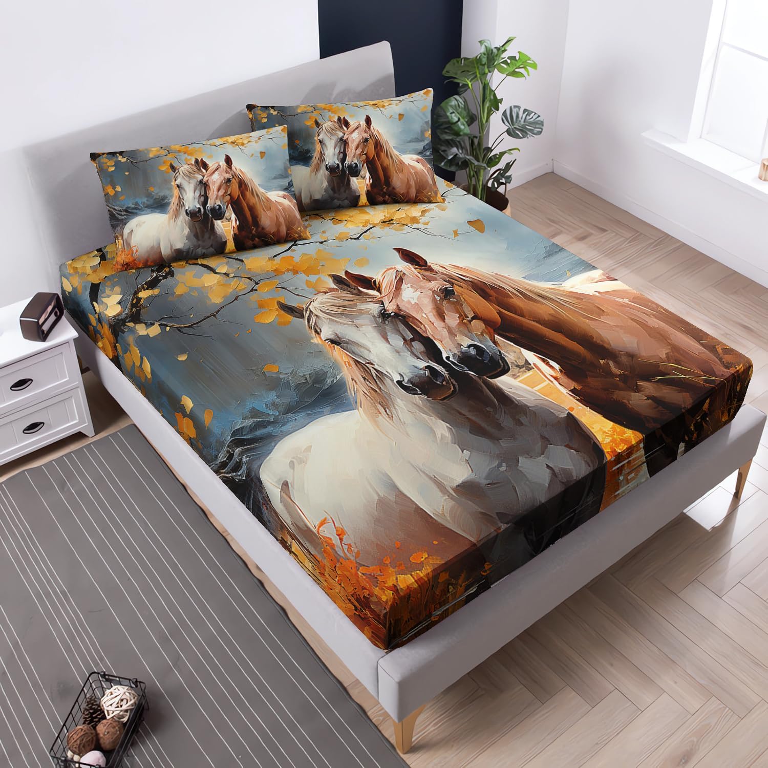 White Brown Horses Fitted Sheet Queen Size Set