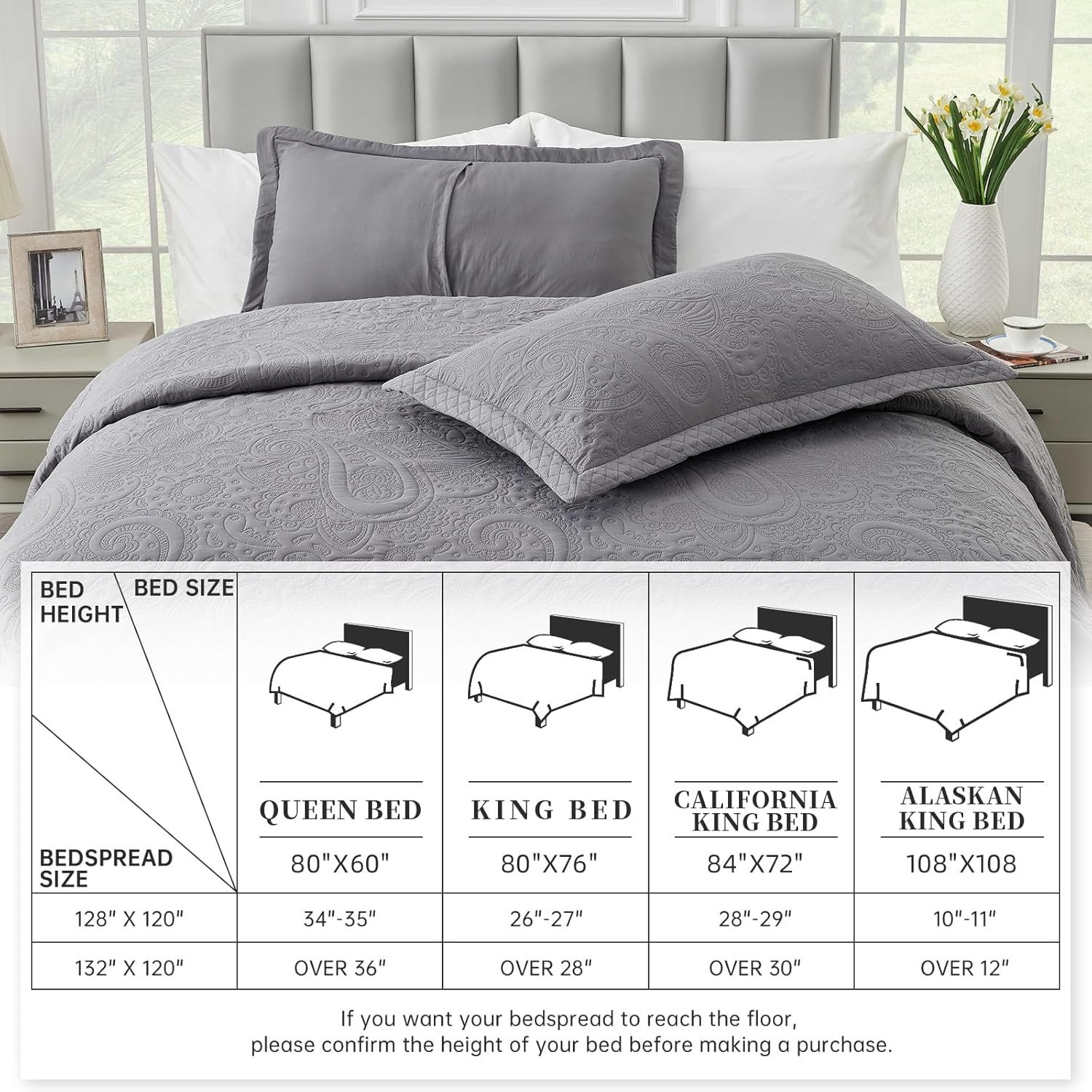 Suchbed California King Bedspread Set 128x120 Grey Paisley Quilt