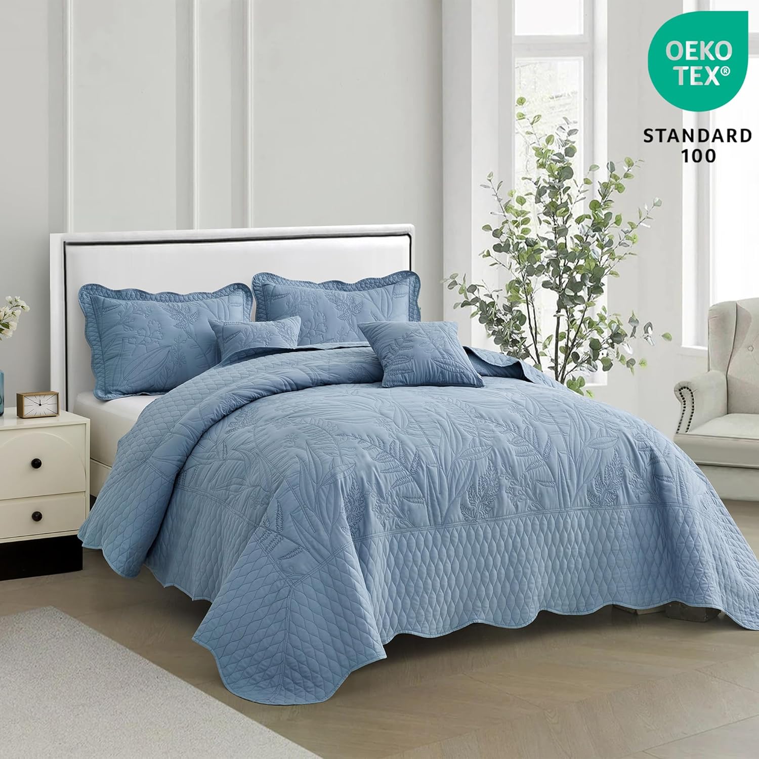 DaisyHuang Botanical Bedspread Set - Leaves Pattern Reversible 4 Piece Ashley Blue