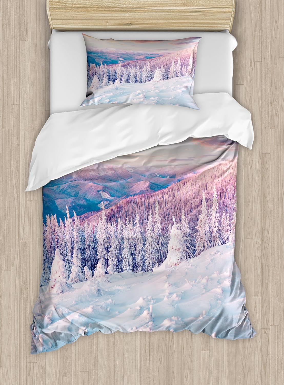 Ambesonne Winter Duvet Cover Set - Twin Size White Pink