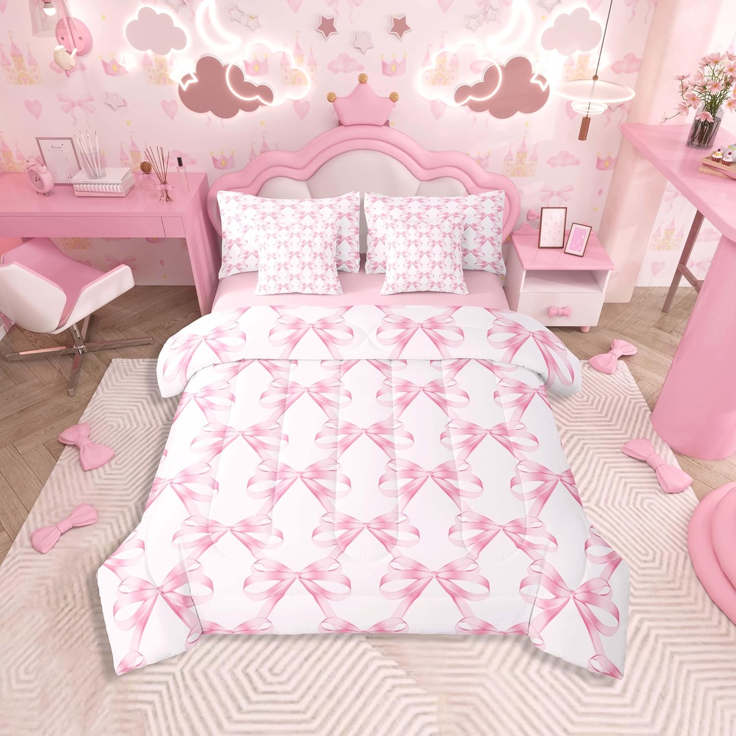 Feelyou 7-Piece Pink Bow Comforter Set for Girls