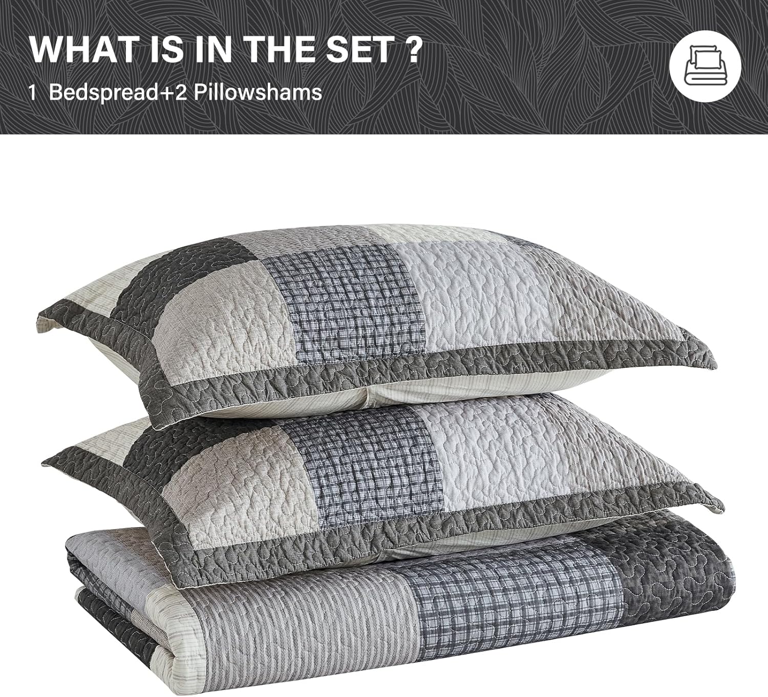 SahSahCasa 120x102 100 Cotton Oversized Queen Quilt Bedspread Set Gray 1
