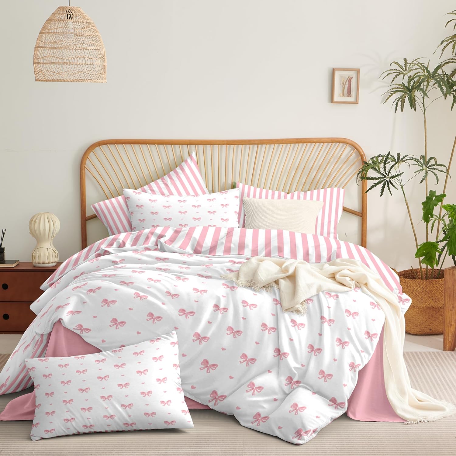 Sedefen Bow Comforter Set Queen Size Pink Striped