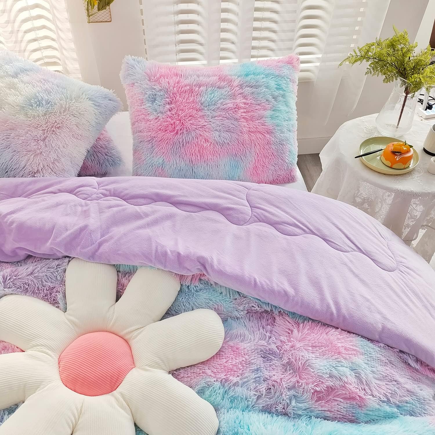 Kids Girls Faux Fur Queen Comforter Set 3PC