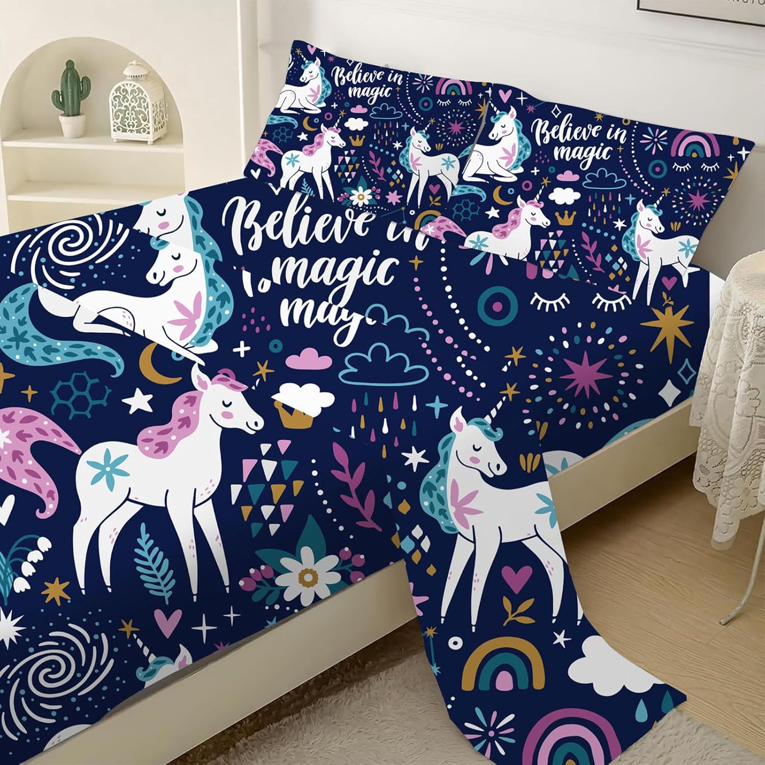 VTKON Navy Blue Unicorn Sheet Set Queen