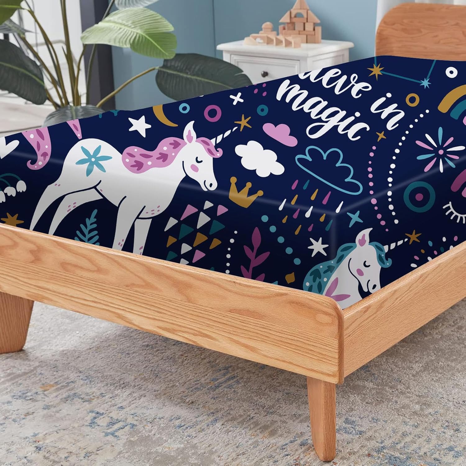 VTKON Navy Blue Unicorn Sheet Set Queen