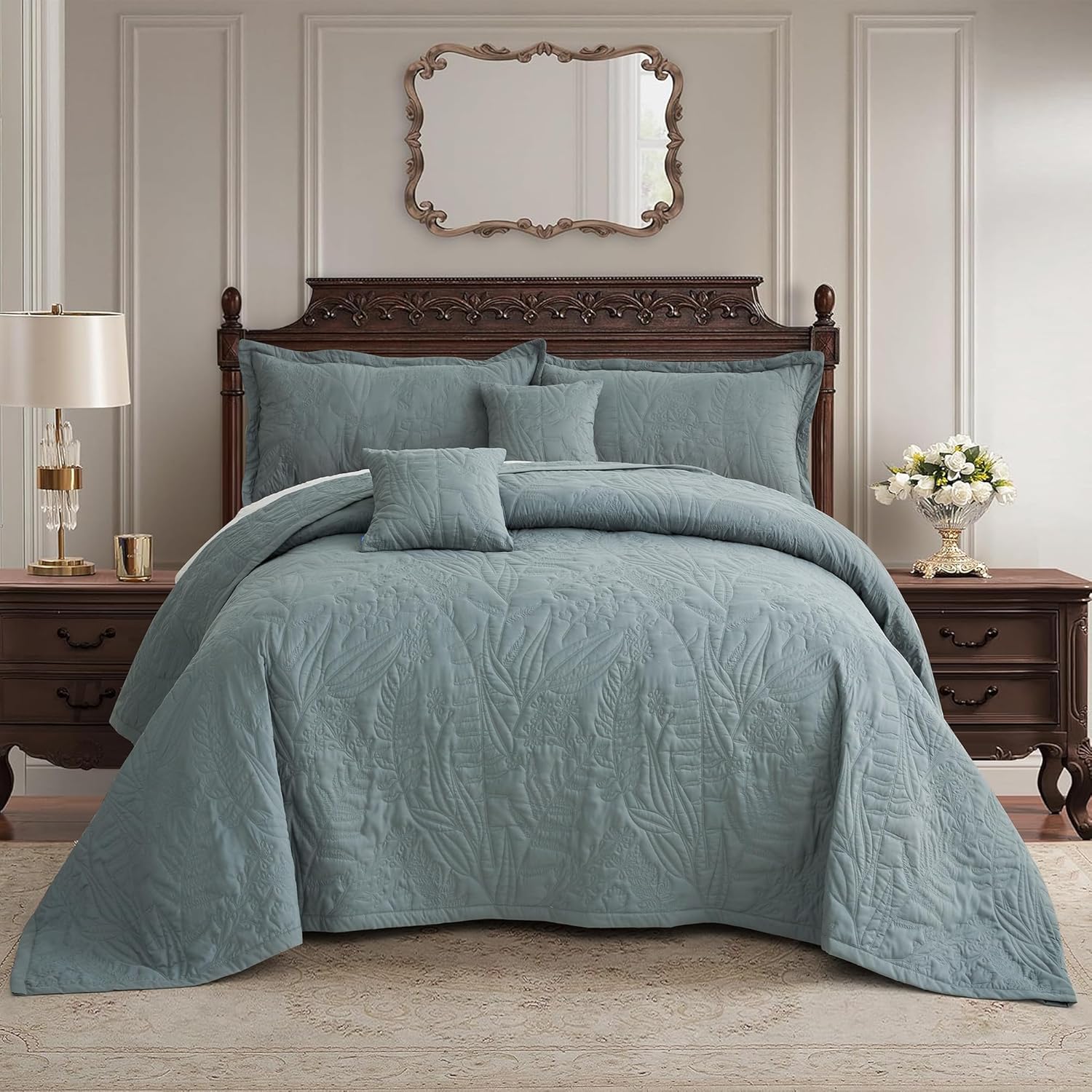 HZ HY Leaves Pattern Oversized King Bedspread Set Grey