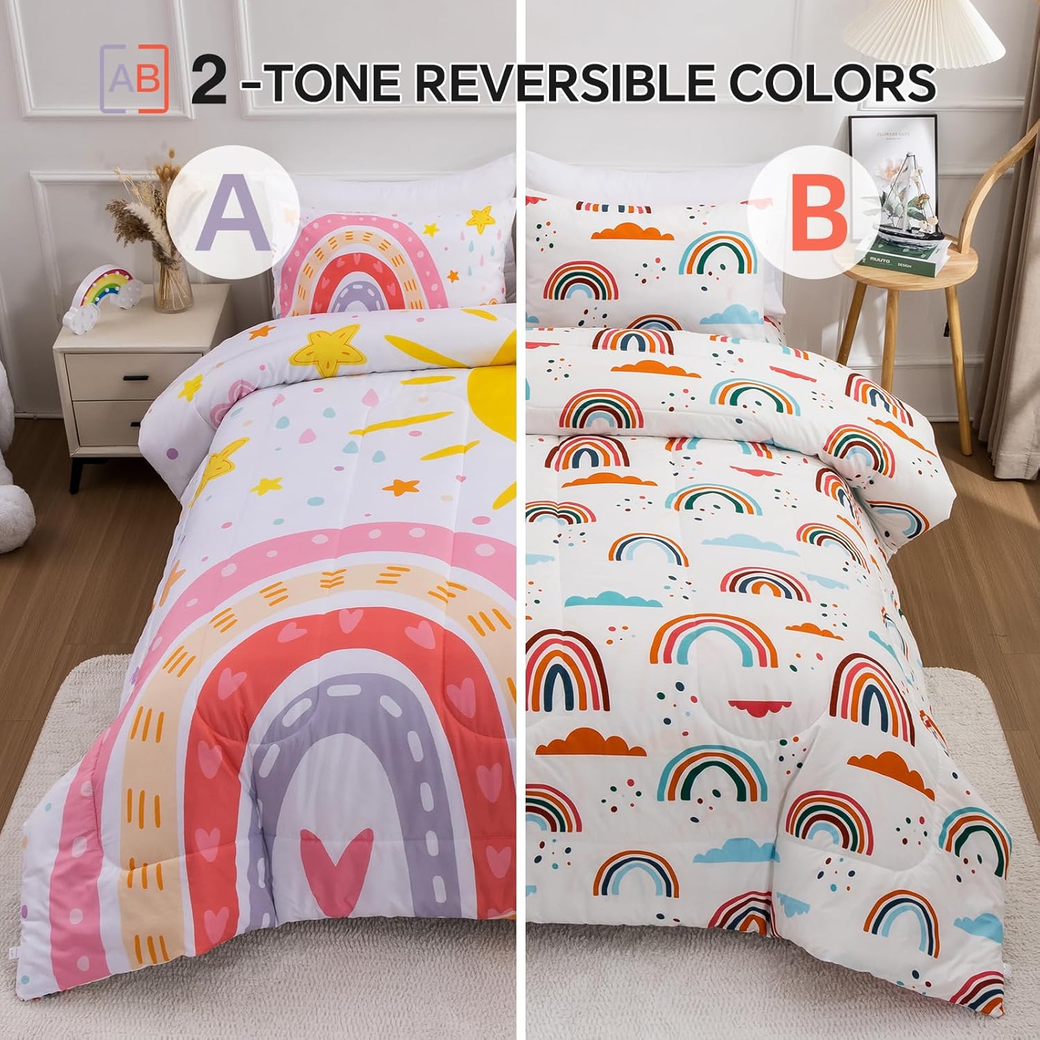 Btargot 3-Piece Rainbow Comforter Set for Kids
