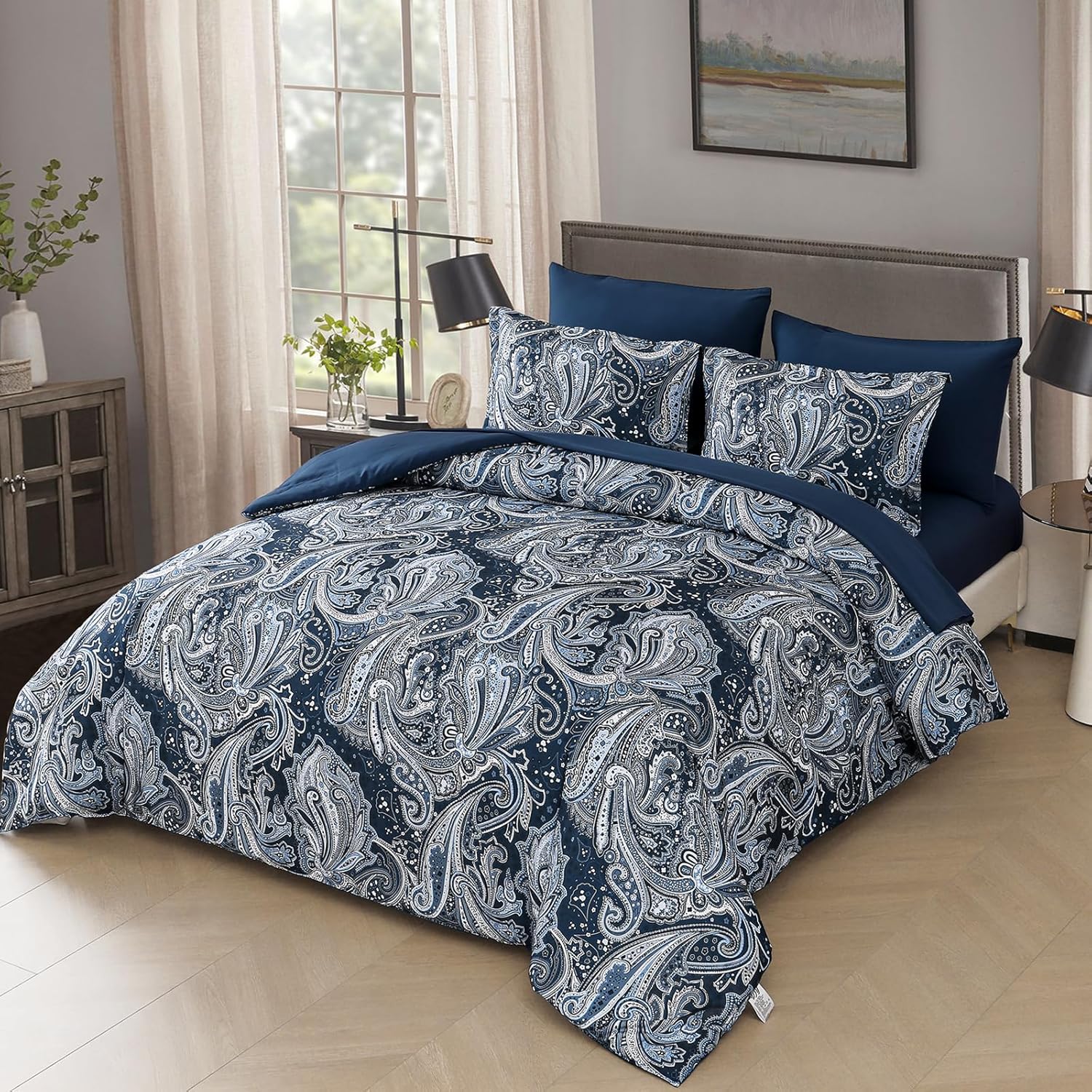 DJY Navy Paisley Comforter Set California King 7 Piece