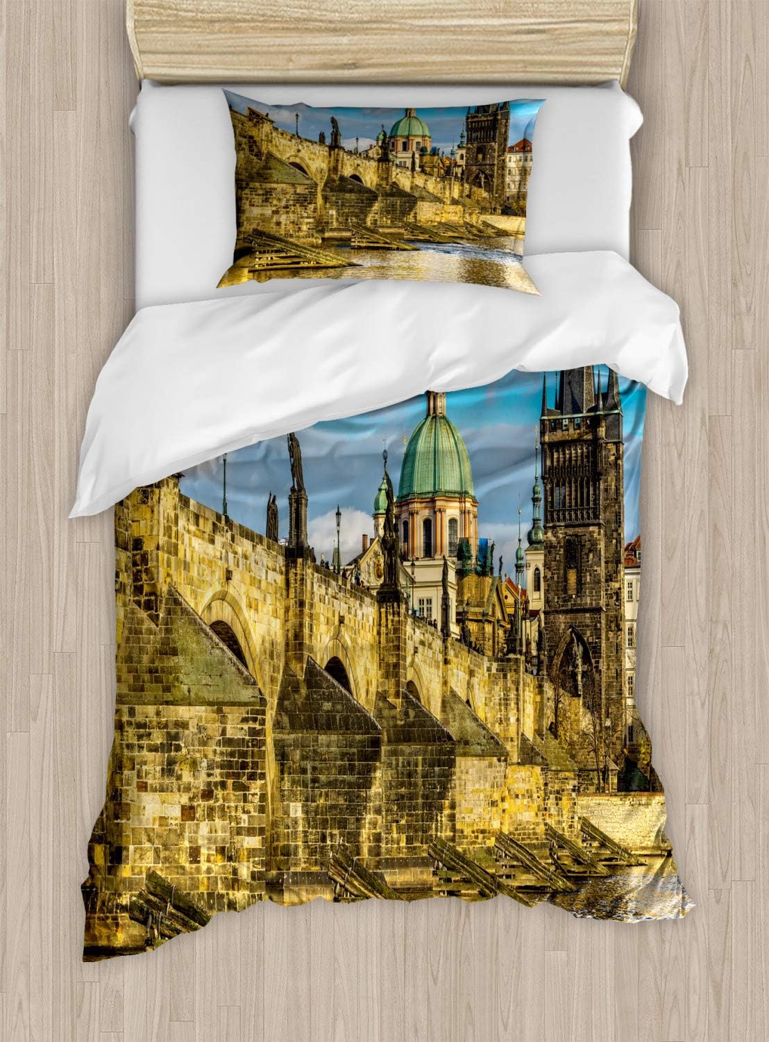 Ambesonne Landscape Duvet Cover Set - Prague Charles Bridge Castle