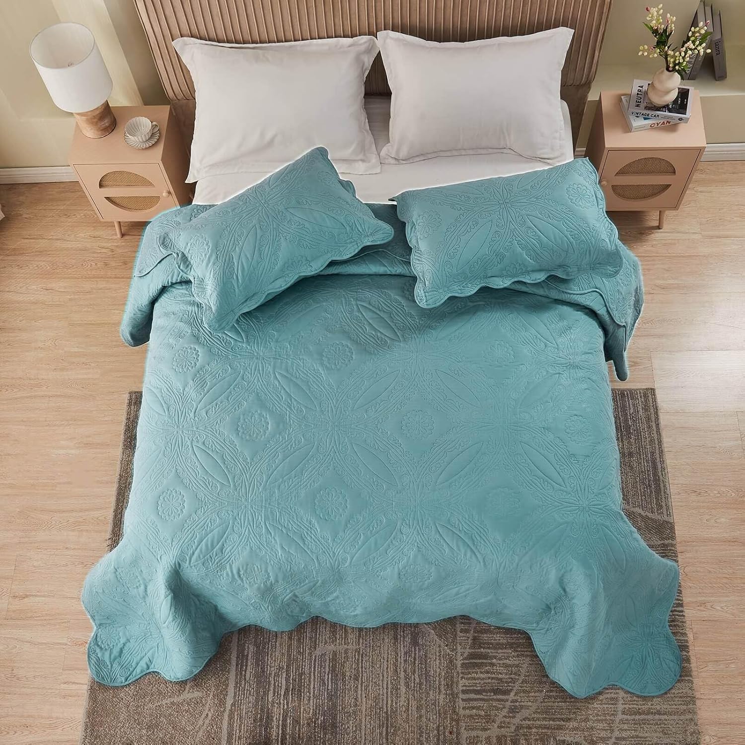 Kingnex Oversized Cal King Bedspread Set 3 Pieces Blue