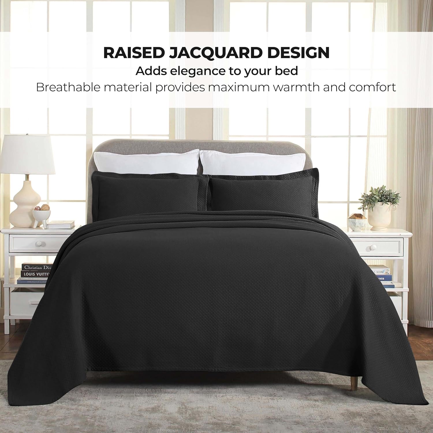 Superior Solitaire Cotton Bedspread Set 3 Piece Twin Black