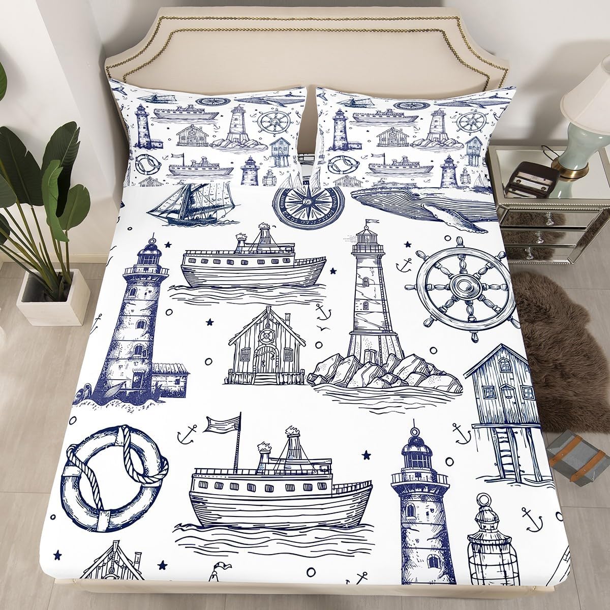 Homewish Sea Nautical Queen Sheet Set 3Pcs with Lighthouse Design
