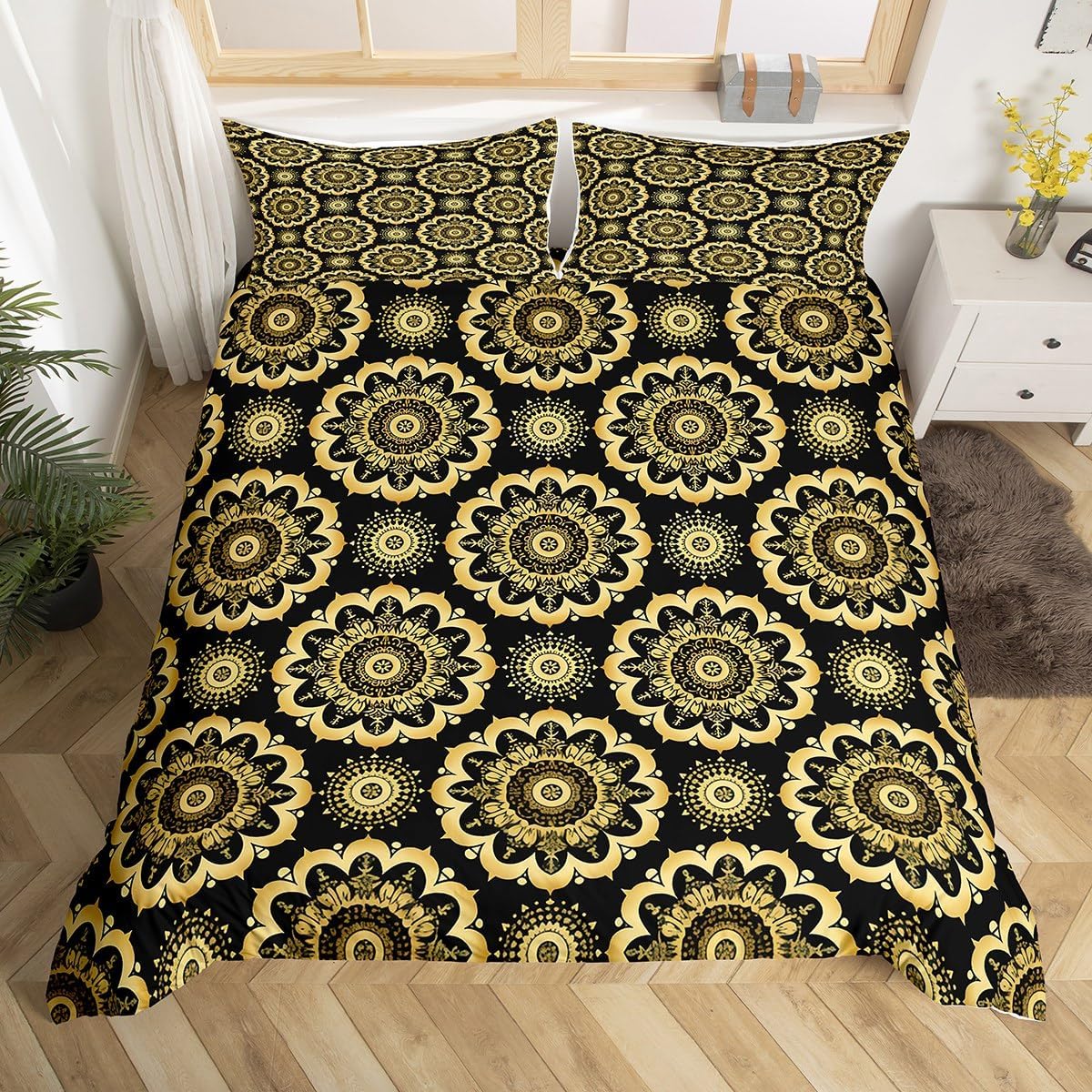 Jejeloiu Paisley Duvet Cover Set 3Pcs Black Gold Damask Pattern 1