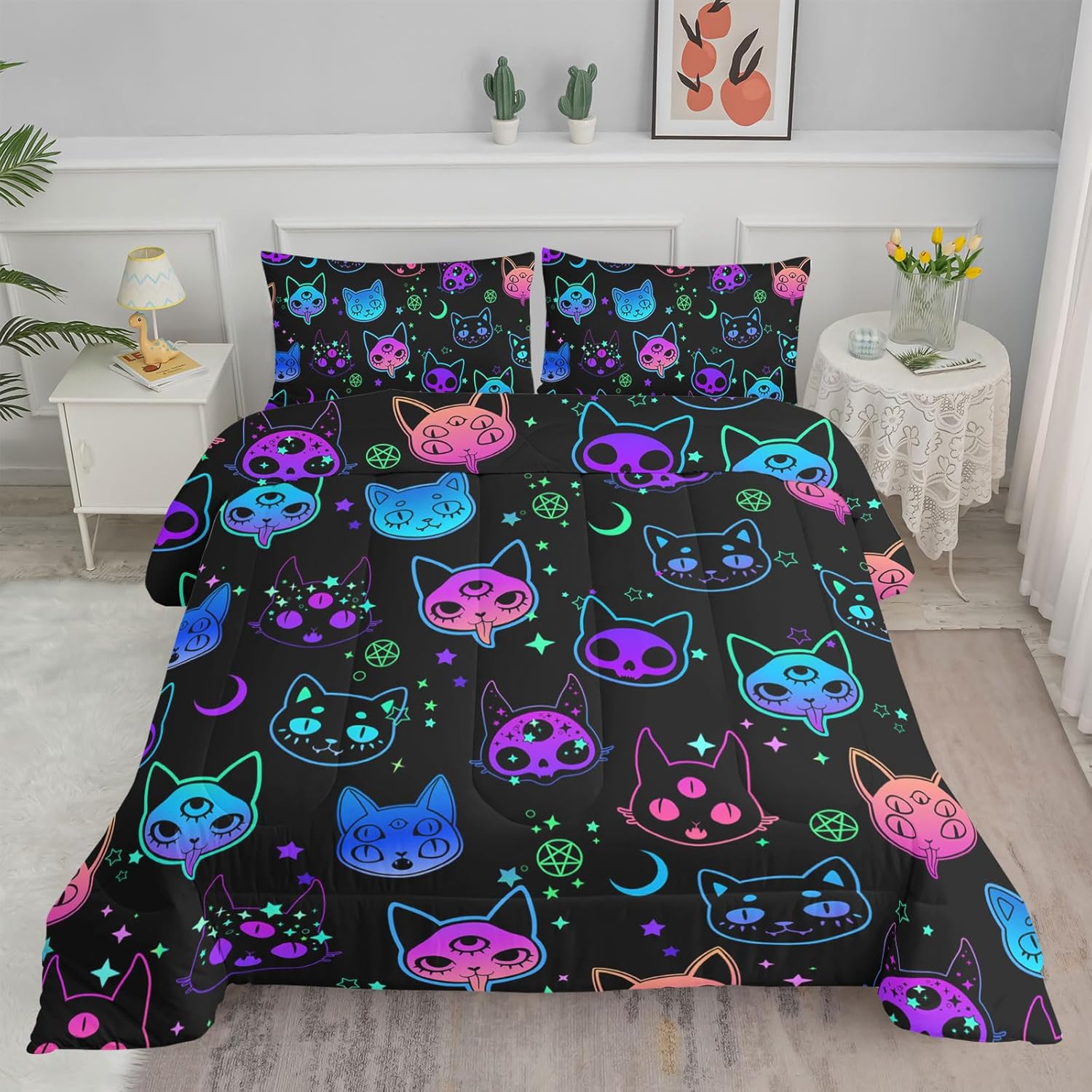 Axolotl Cat Comforter Set Twin Neon Pattern