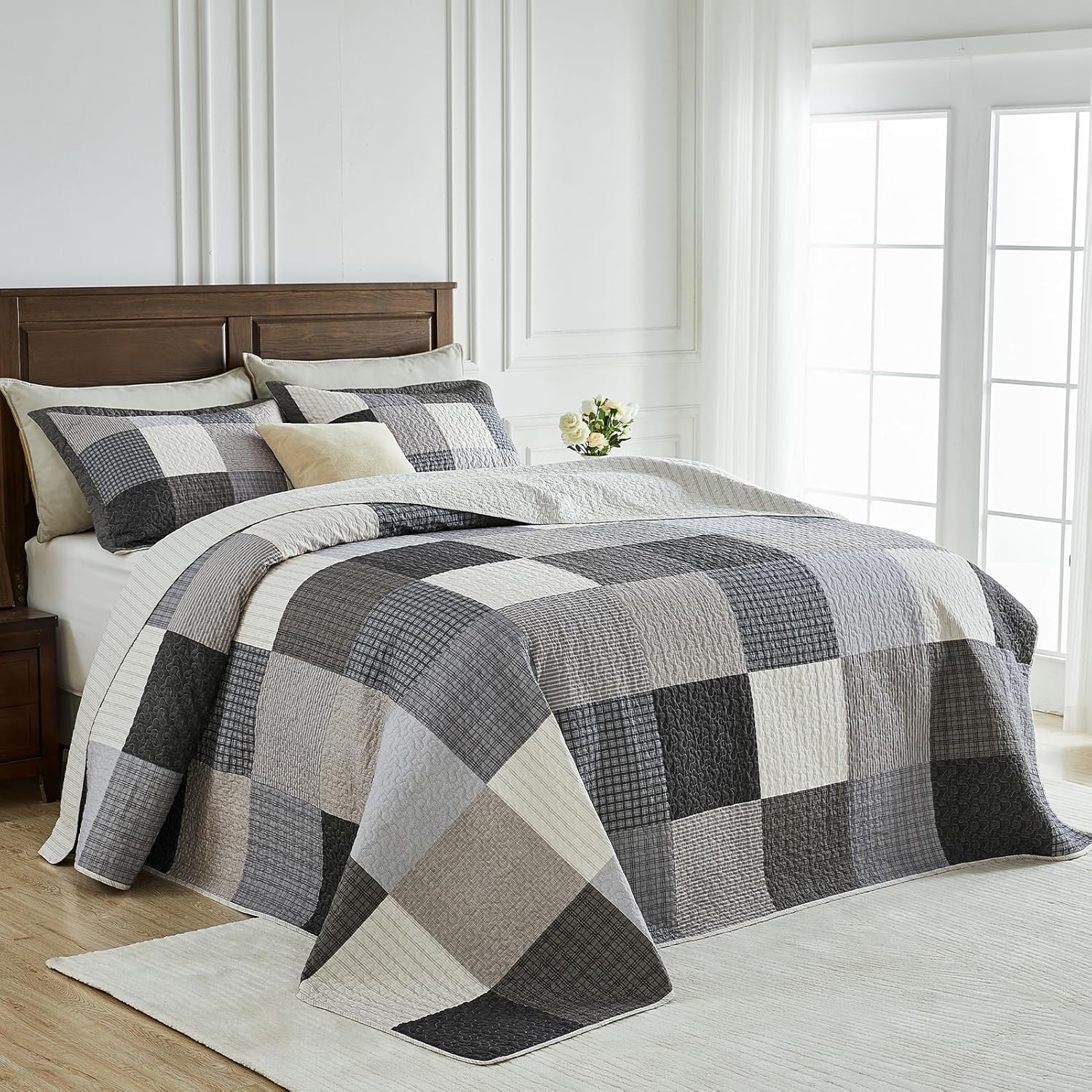 SahSahCasa 120x102 100 Cotton Oversized Queen Quilt Bedspread Set Gray 1