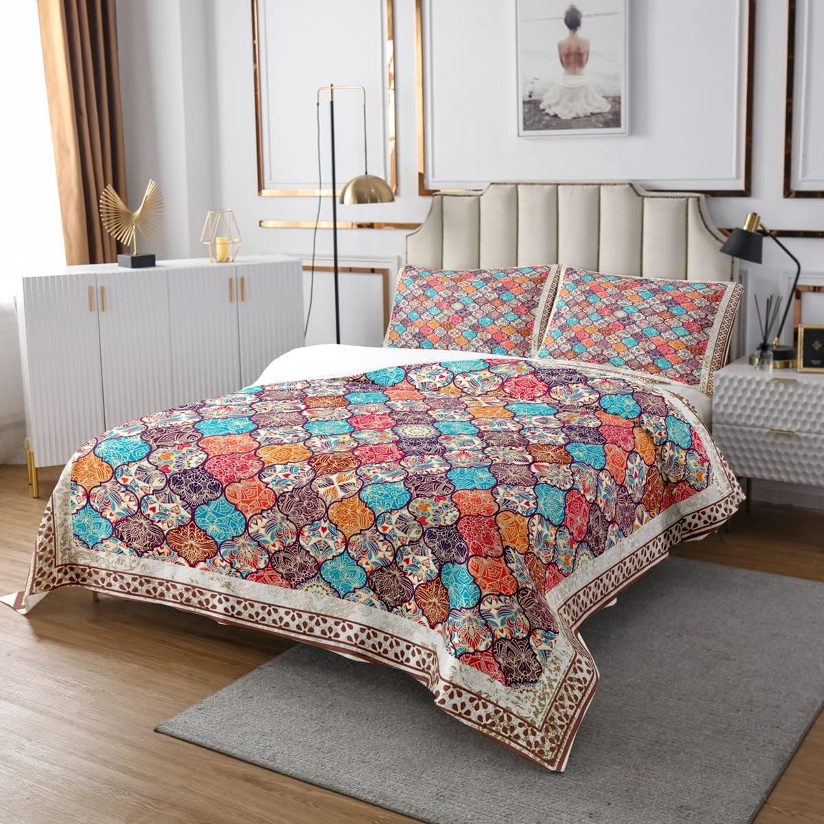 Erosebridal Exotic Boho Damask Flower Quilted Bedspread Set