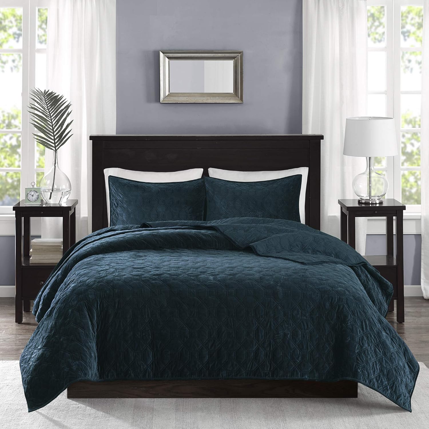 Madison Park Harper Velvet Quilt Set Teal 3 Piece