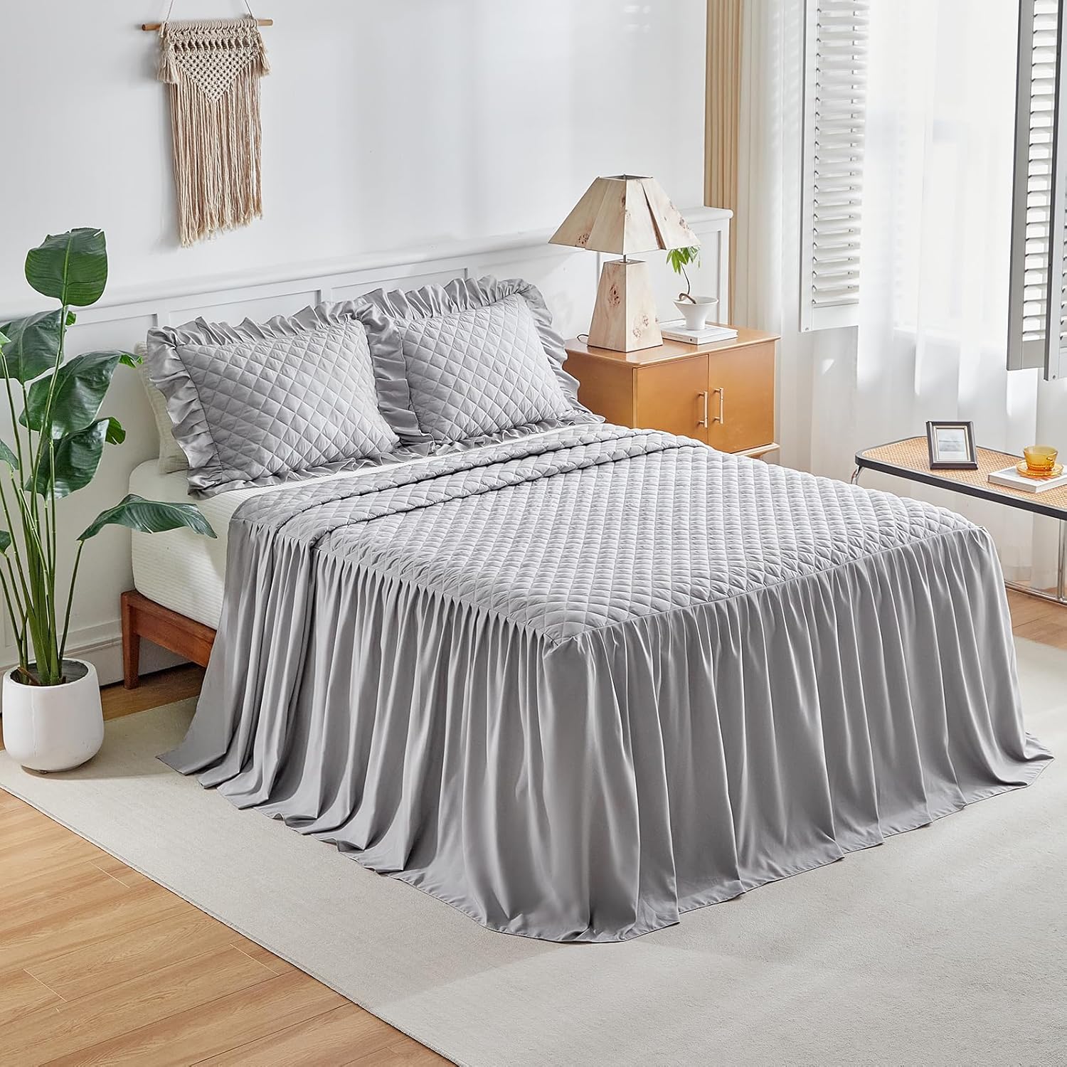 Ruffle Skirt Bedspread Set - 30 Long Drop - Queen Size Gray