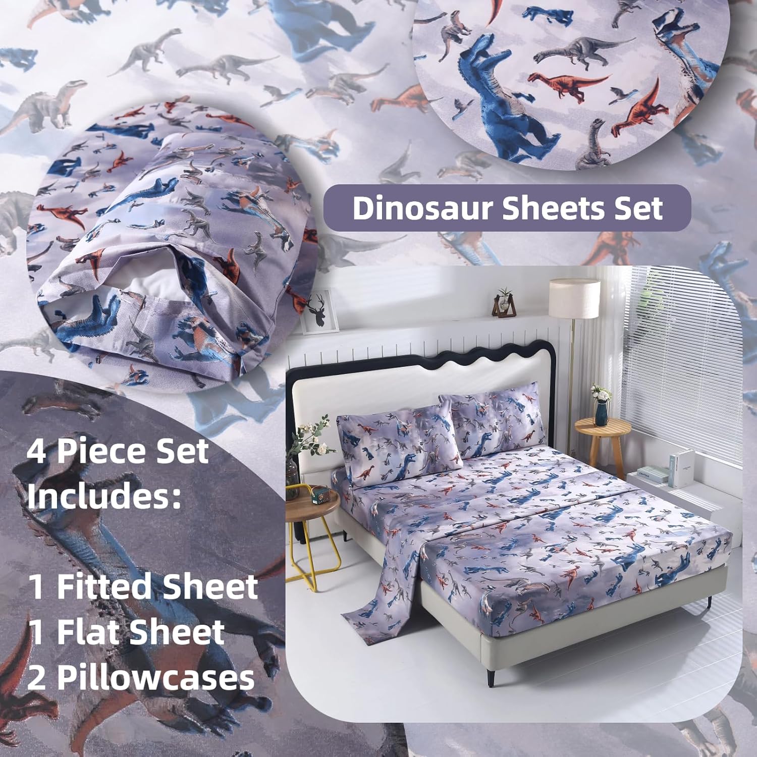 SDIII 4PCS Dinosaur Queen Sheet Set Soft Microfiber Dino Bedding for Kids