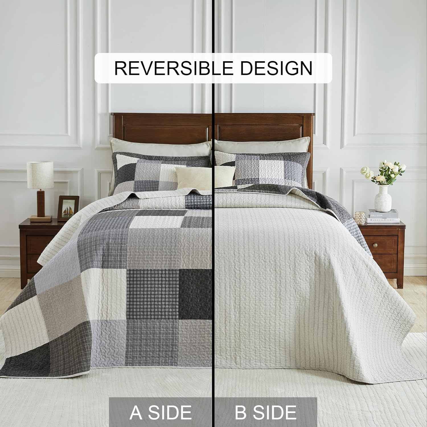 SahSahCasa 120x102 100 Cotton Oversized Queen Quilt Bedspread Set Gray 1