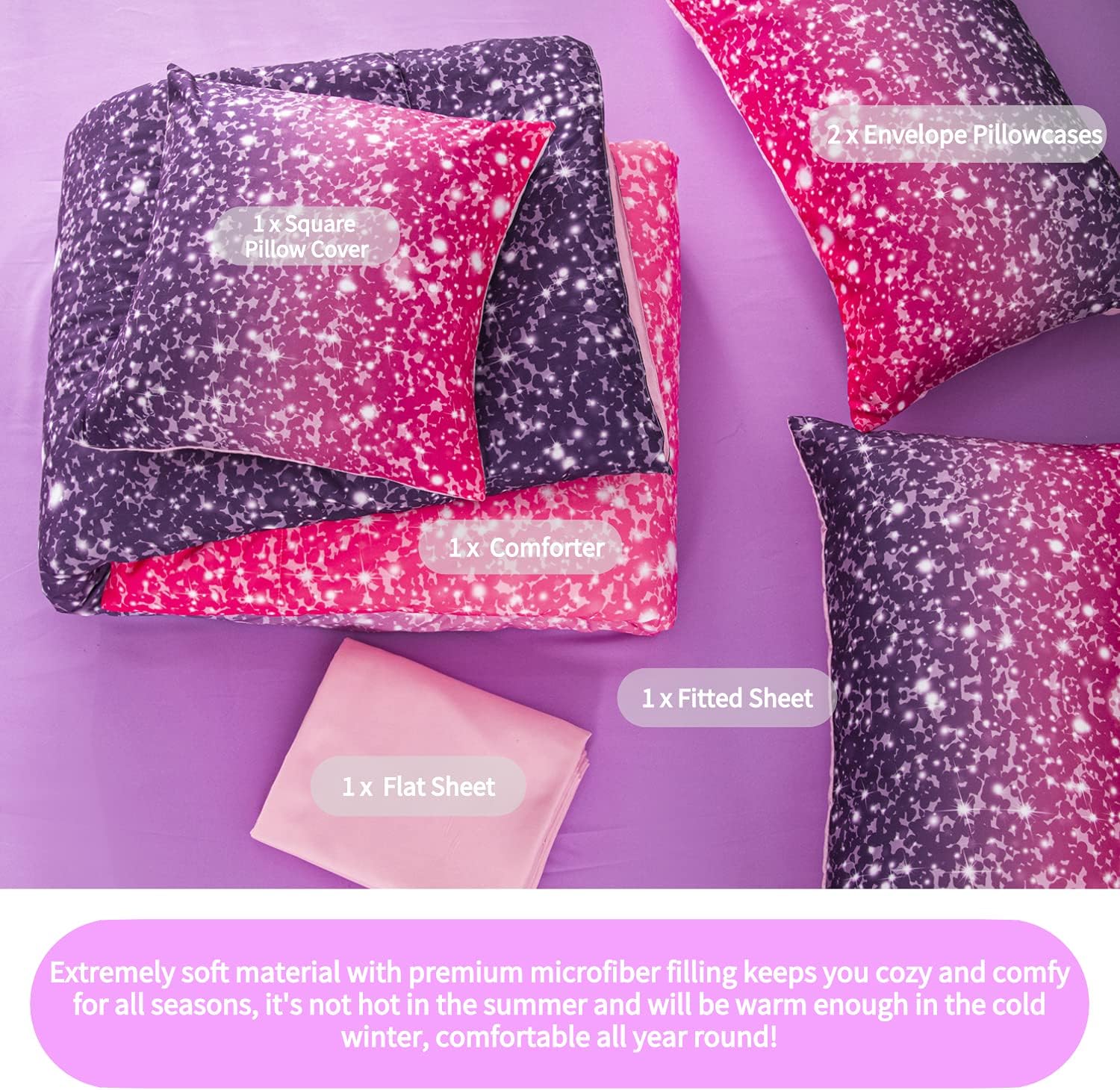 RYNGHIPY 6Pcs Glitter Comforter Set for Girls Kids Teens