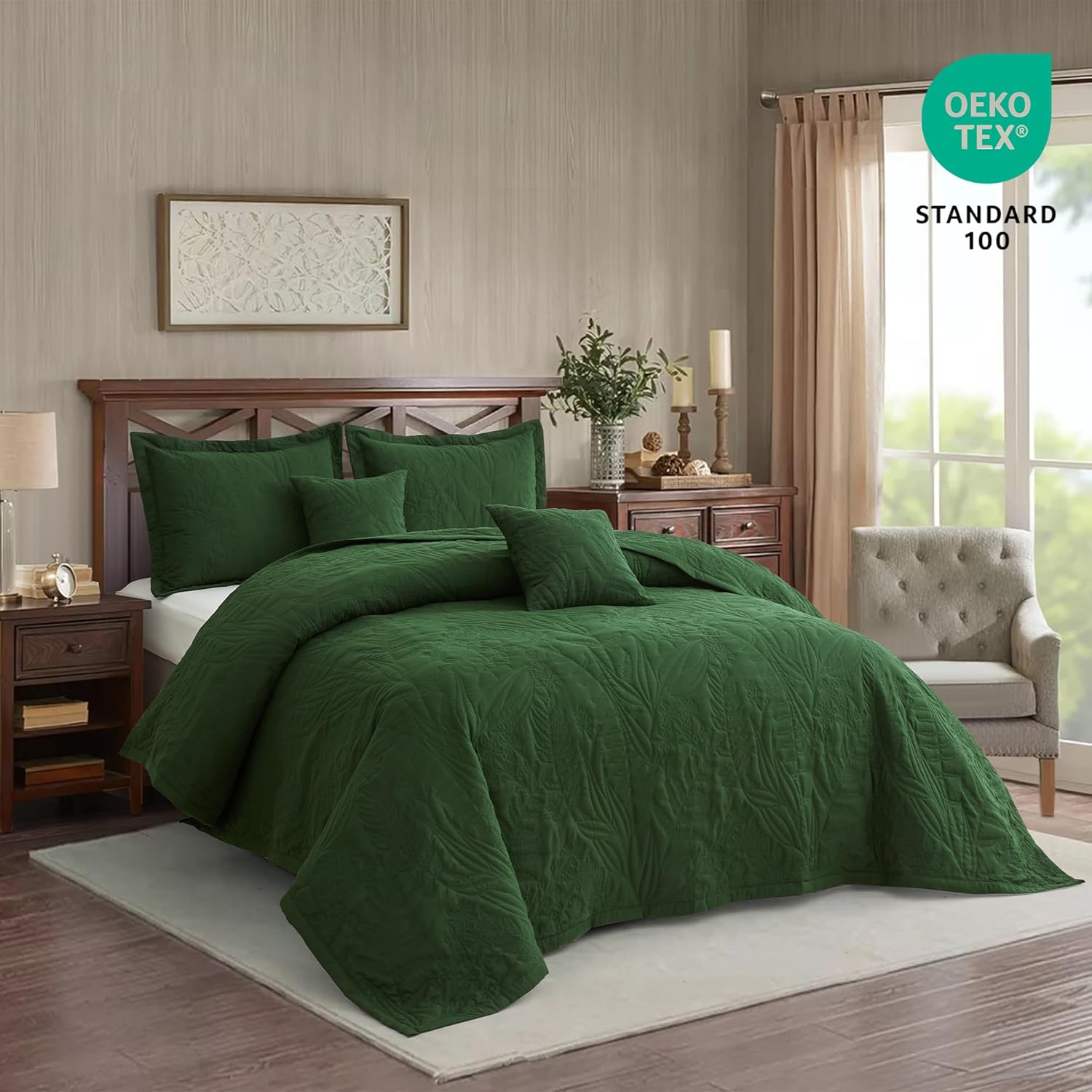 HZ HY Botanical Queen Bedspread Set Leaves Pattern Reversible 5 Piece Olive Green