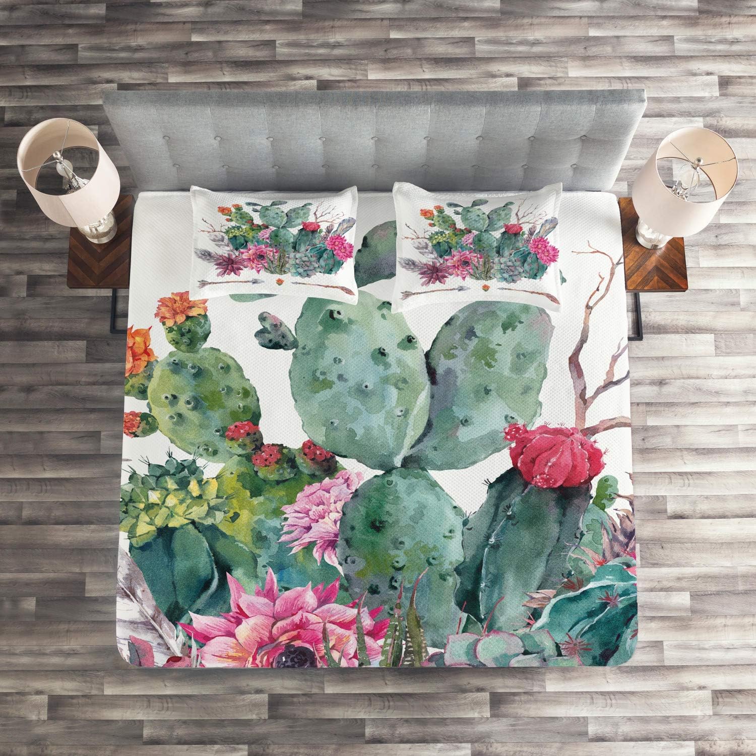Ambesonne Cactus Coverlet Set - 3 Piece Boho Style Bedspread with Pillow Shams