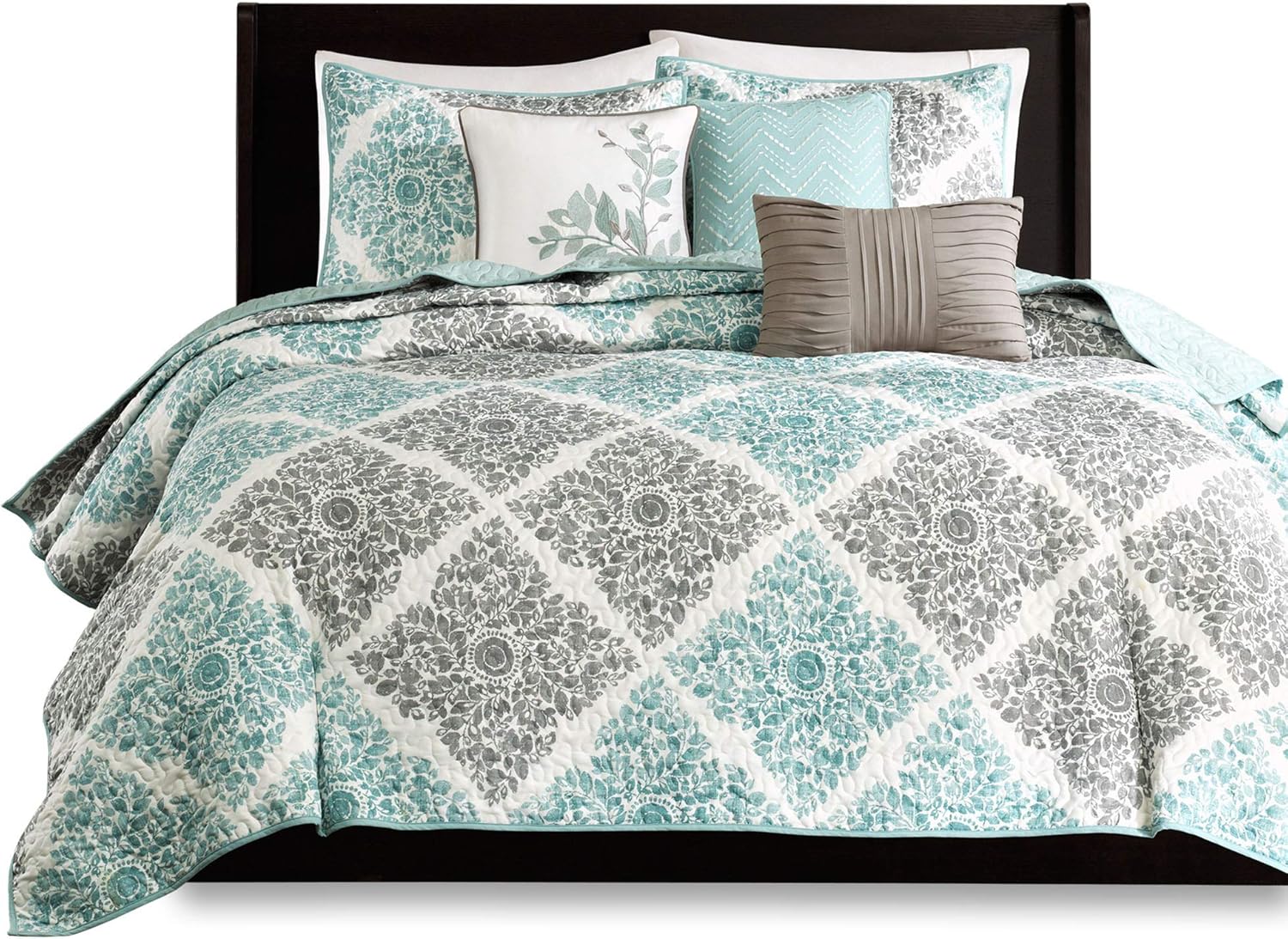 Madison Park Claire Quilt Coverlet Set - 6 Piece Diamond Aqua Pattern KingCal King